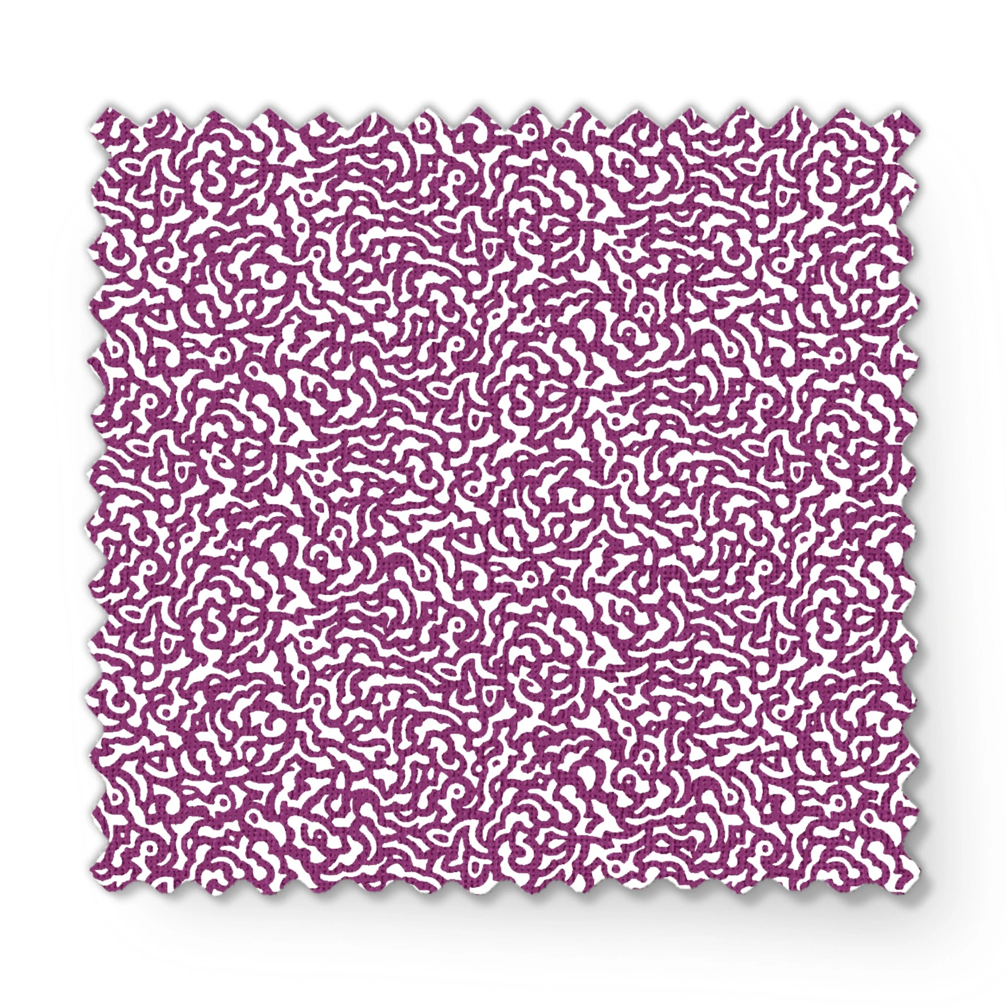 Purple squiggly maze-like pattern on white background with organic swirling lines fabric swatch mockup
