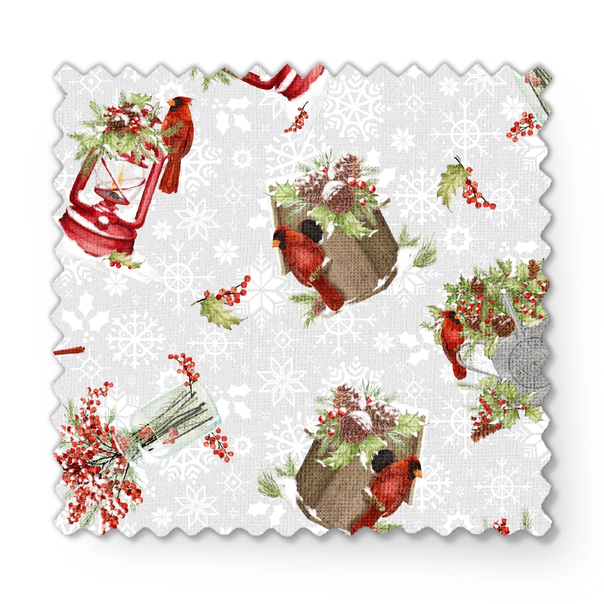 Red cardinals perched among holly berries, pine sprigs, lanterns, and rustic containers on a soft snowy background with snowflake details by Nicole Tamarin fabric swatch mockup