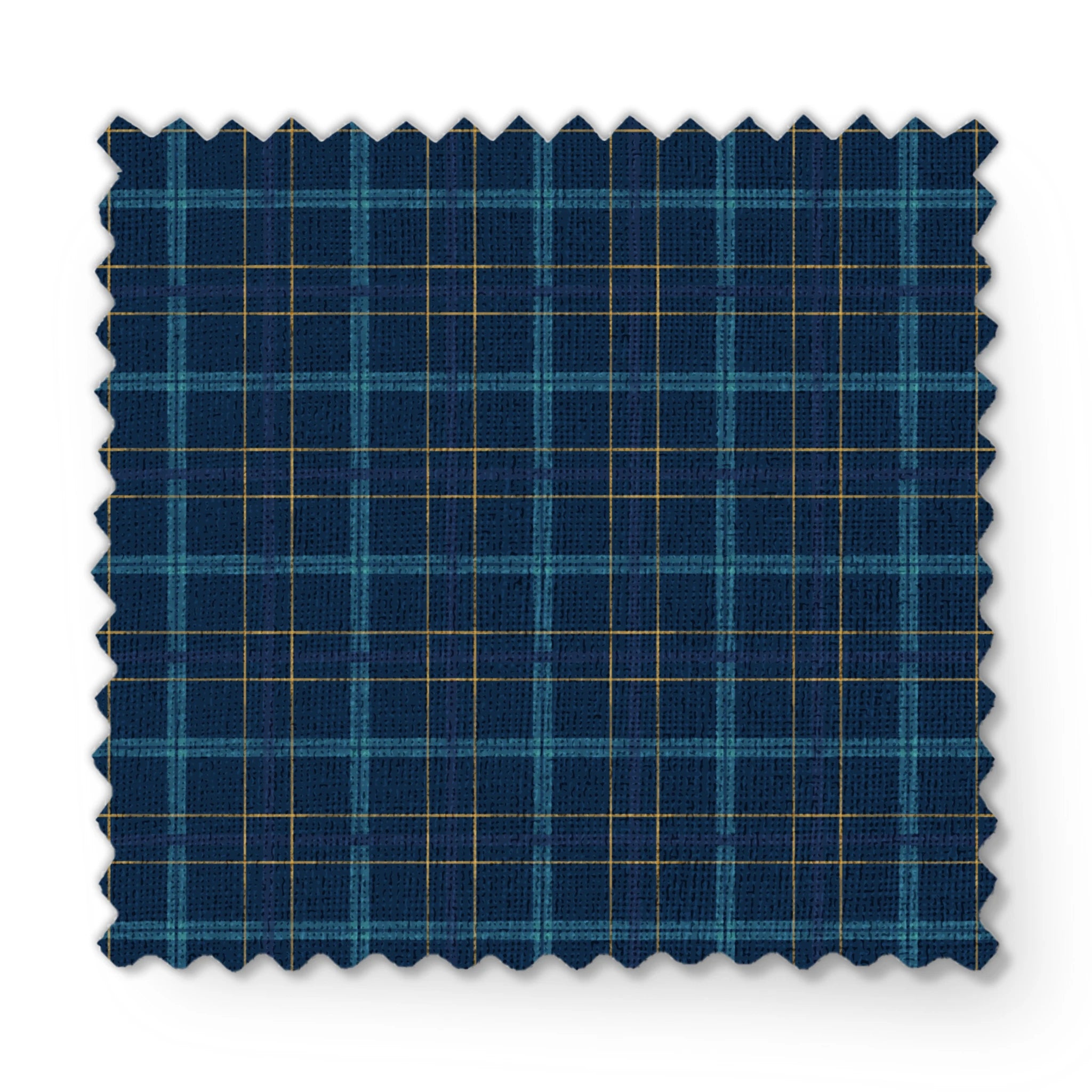 Painterly navy blue plaid with golden yellow and soft blue stripes by Nicole Tamarin, ideal for autumn sewing and decor. fabric swatch mockup