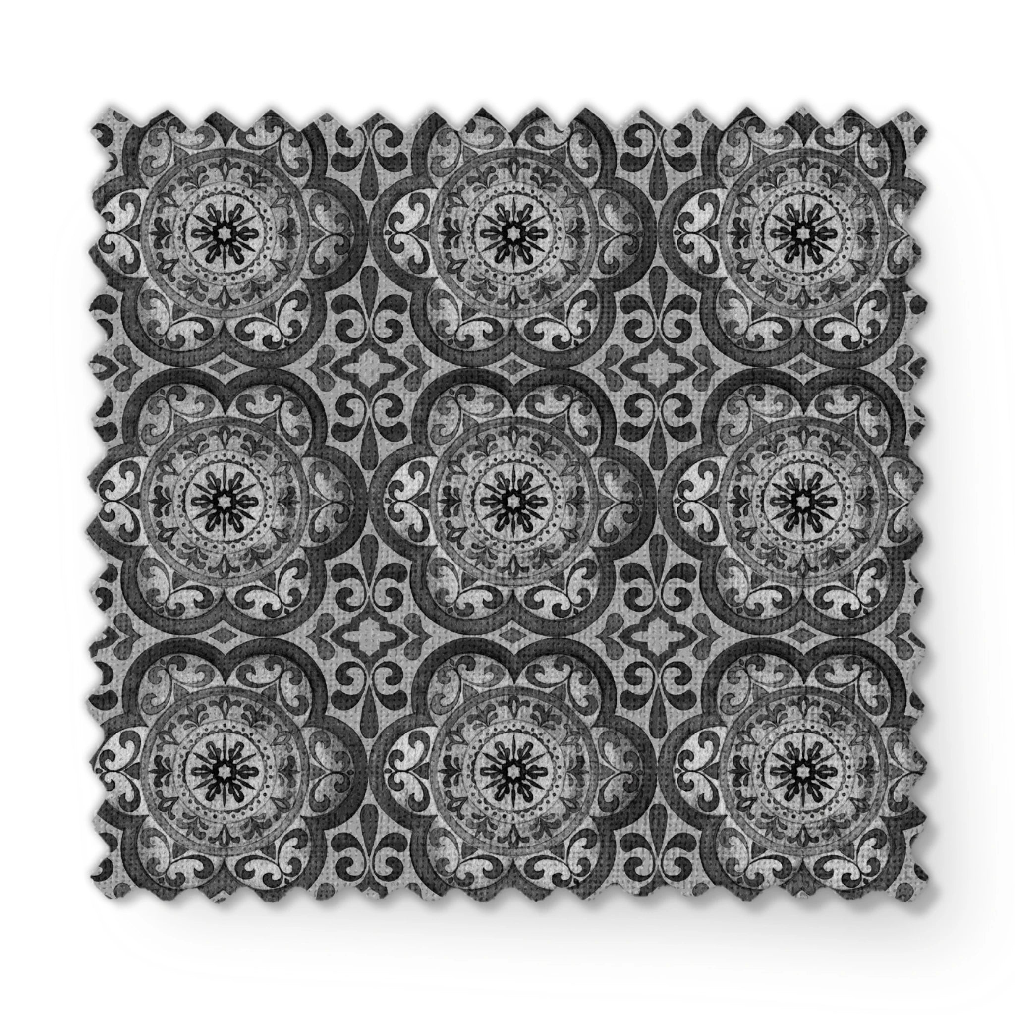 Grayscale medallion tile pattern with floral and scroll motifs in a symmetrical layout by Nicole Tamarin. fabric swatch mockup