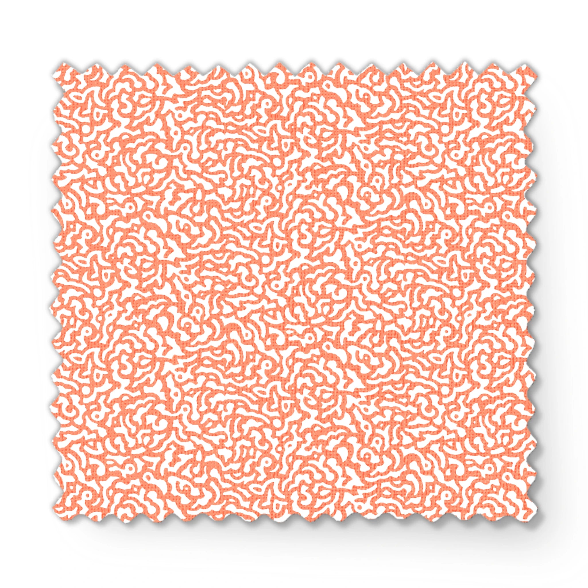 Coral squiggly pattern with organic, maze-like curves on white background fabric swatch mockup