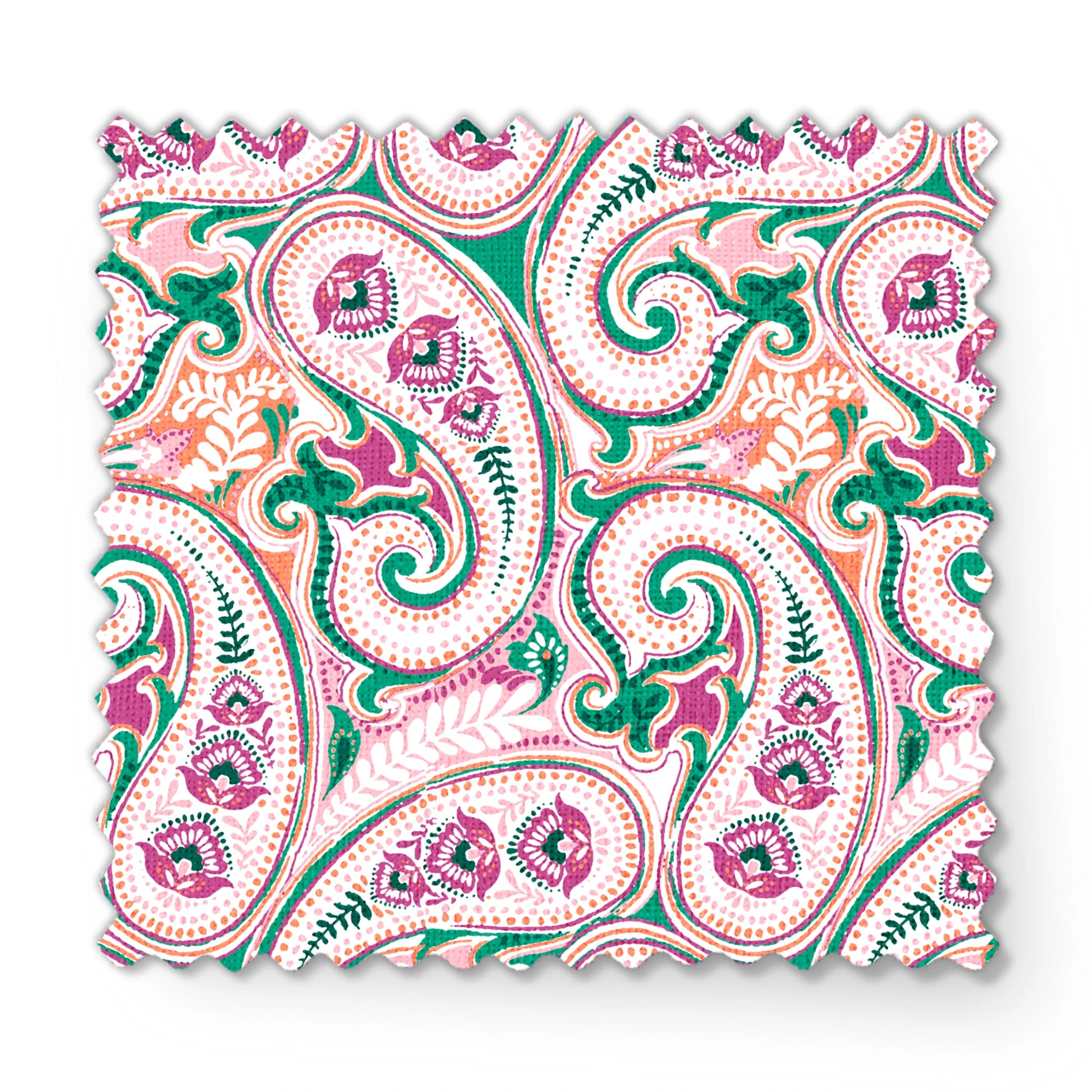 Colorful paisley pattern with swirling teardrop shapes in pink, green, and orange on light background fabric swatch mockup