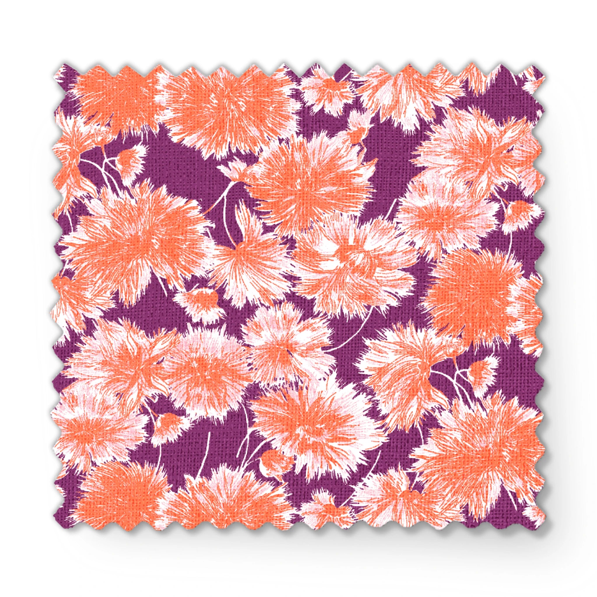 Vibrant floral pattern with orange and white chrysanthemum-like blooms on deep purple background fabric swatch mockup