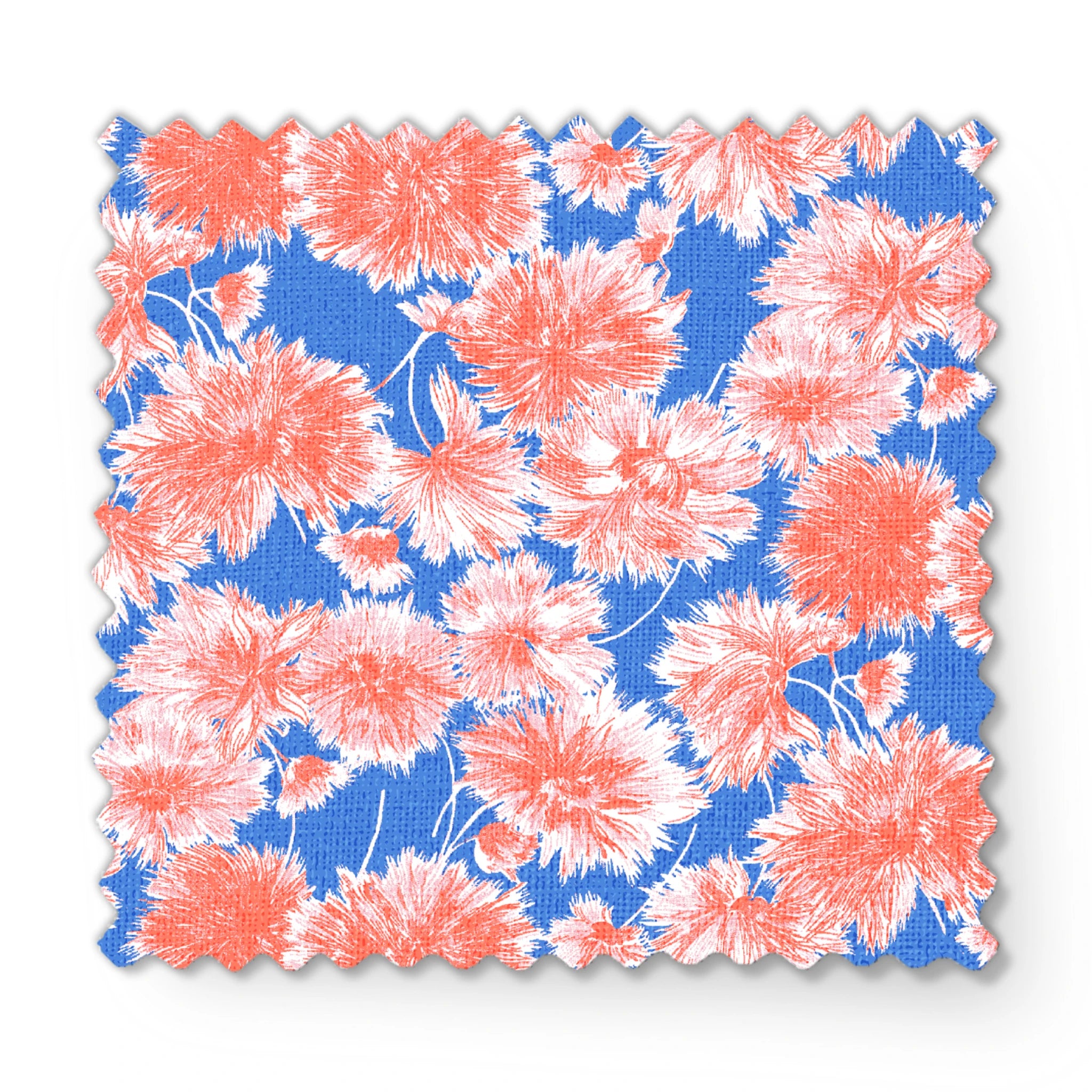 Coral pink floral pattern of chrysanthemums or dahlias on bright blue background fabric swatch mockup