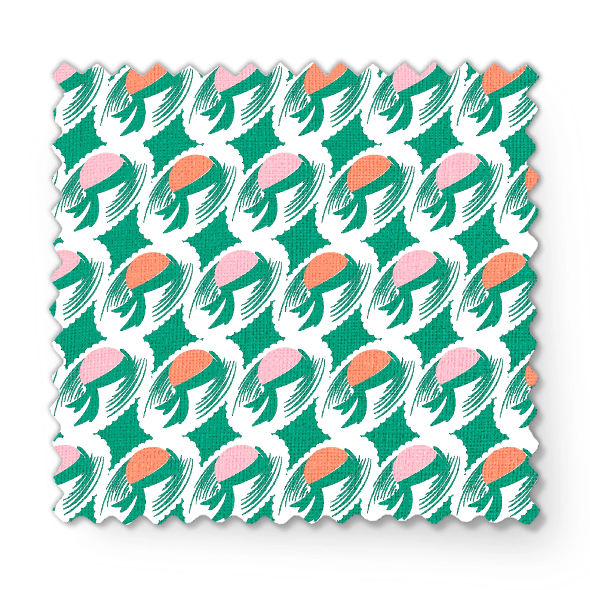 Abstract pattern with pink and orange oval shapes on green brushstroke backgrounds fabric swatch mockup