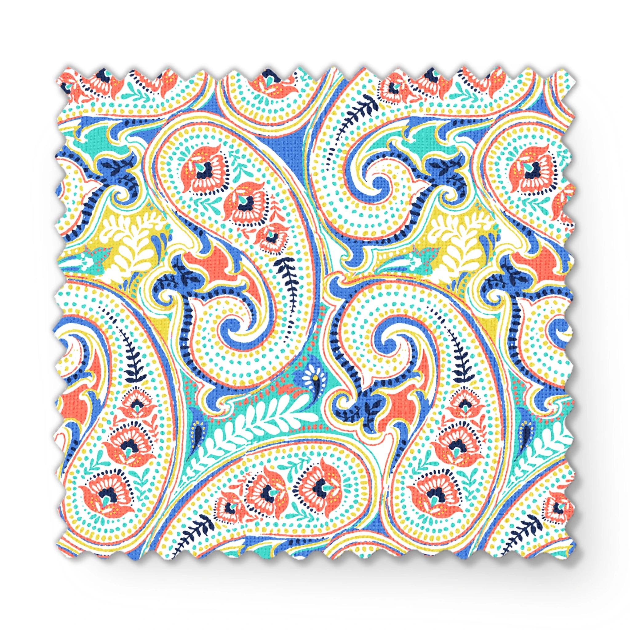 Vibrant blue, yellow and red paisley pattern with swirling decorative motifs and curved shapes fabric swatch mockup