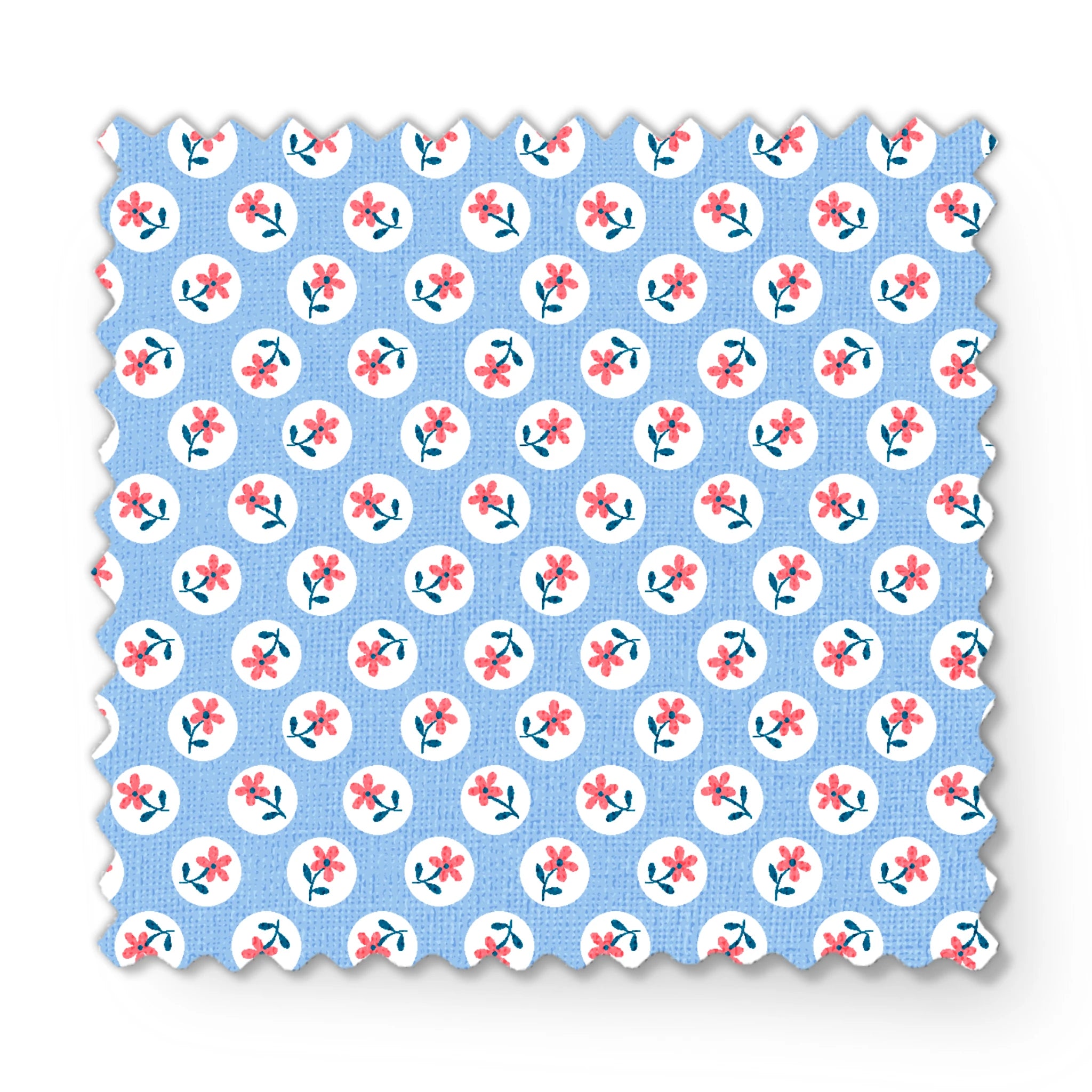 Pink flowers with blue-green stems in white circles on pale blue background, repeating pattern fabric swatch mockup