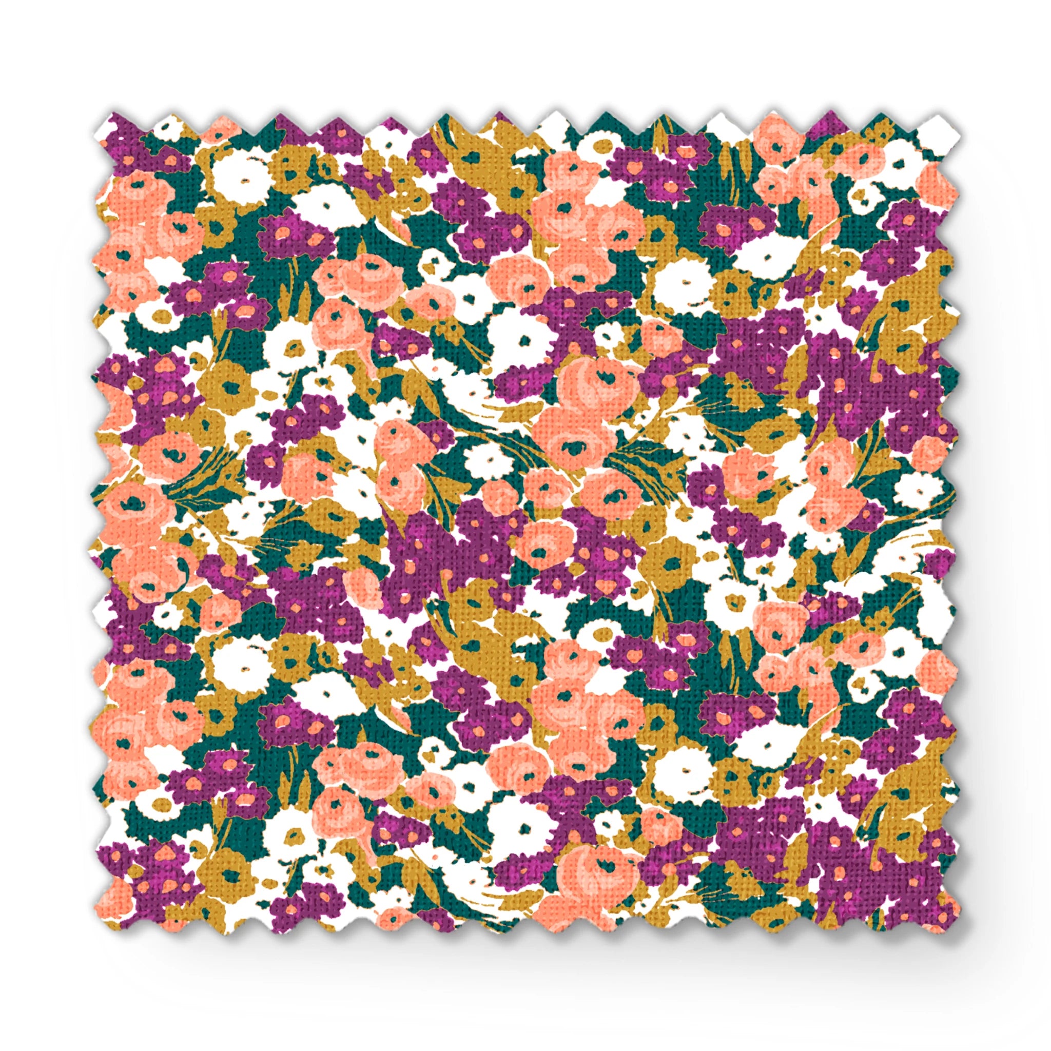 Vibrant floral pattern with peach, purple, white, and gold blooms against dark green foliage fabric swatch mockup