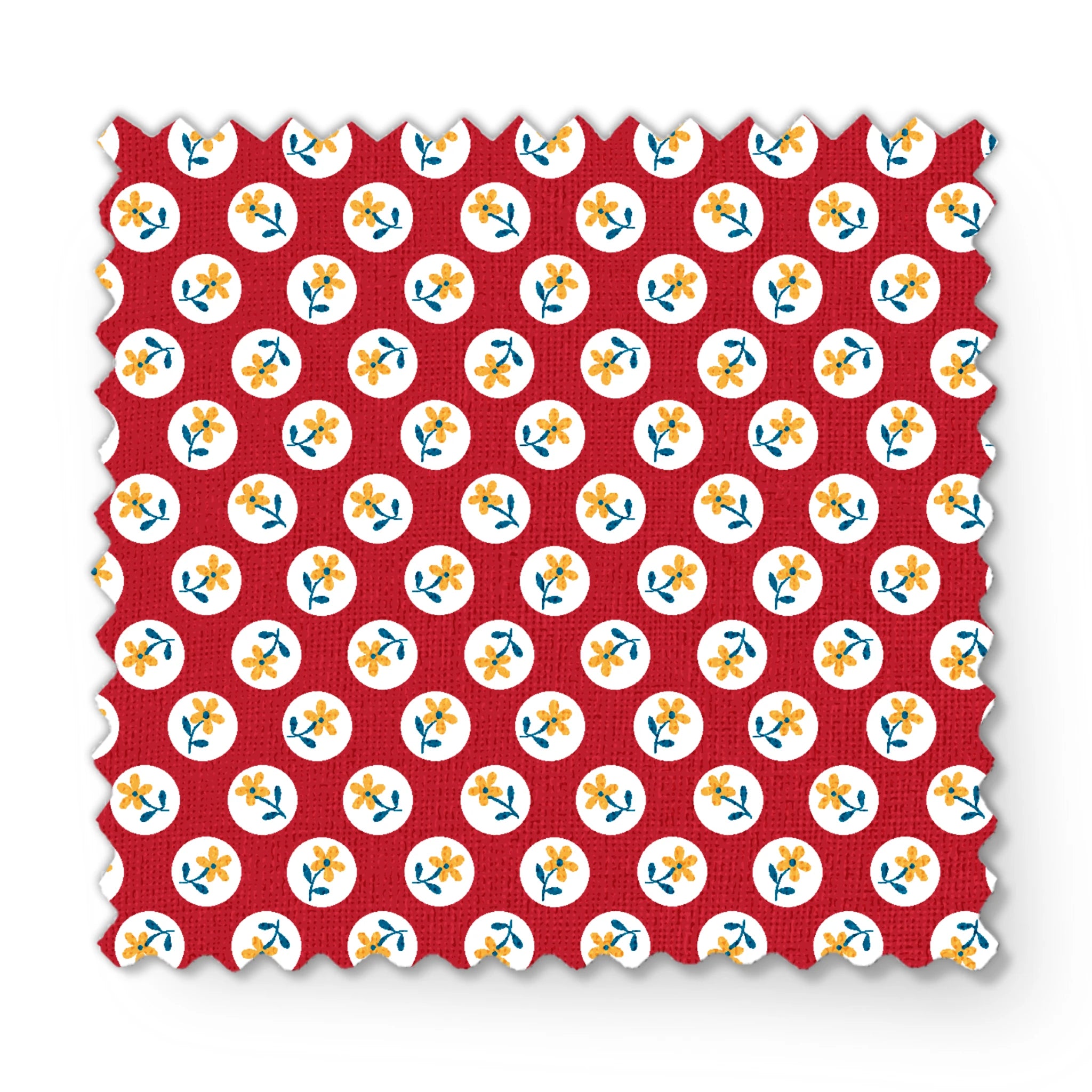 Yellow flowers with blue stems on white circles against red background in repeating pattern fabric swatch mockup