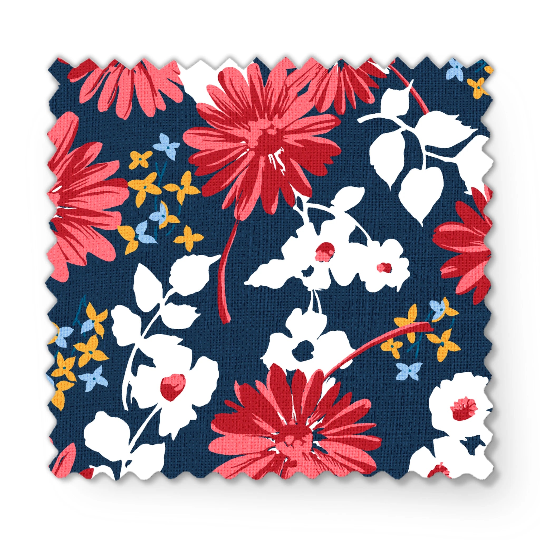 Vibrant floral pattern with red daisies and white flowers on navy background with small gold stars fabric swatch mockup