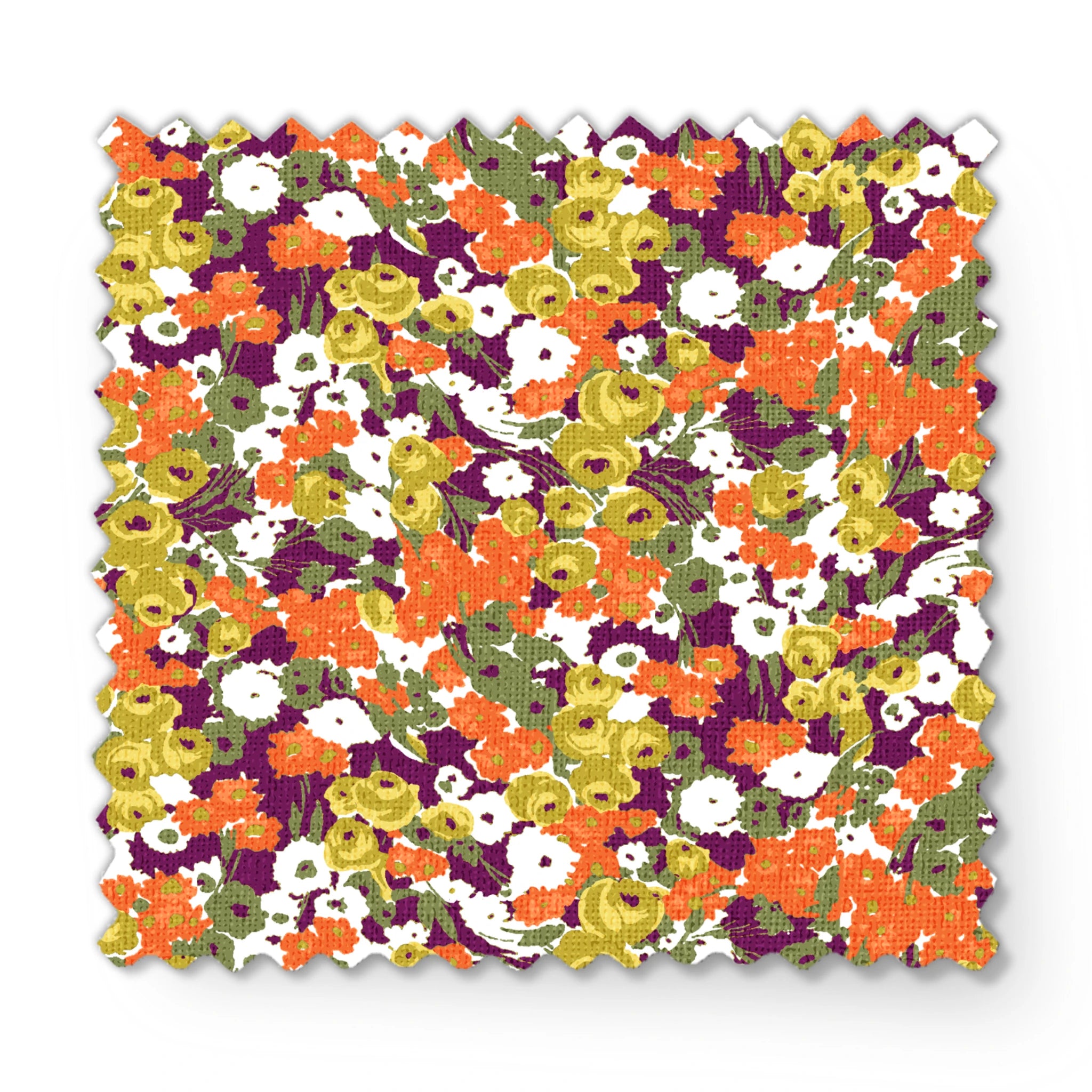 Vibrant floral pattern with white, orange, yellow, green, and purple abstract blooms fabric swatch mockup
