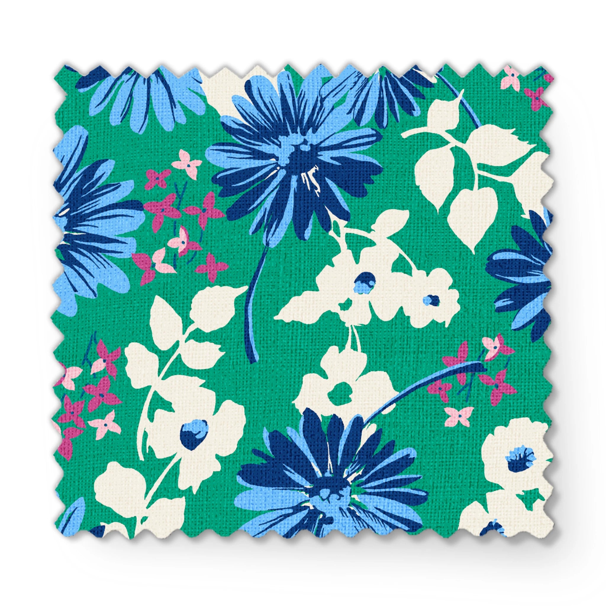 Vibrant floral pattern with blue spiky flowers and white blooms on a green background fabric swatch mockup