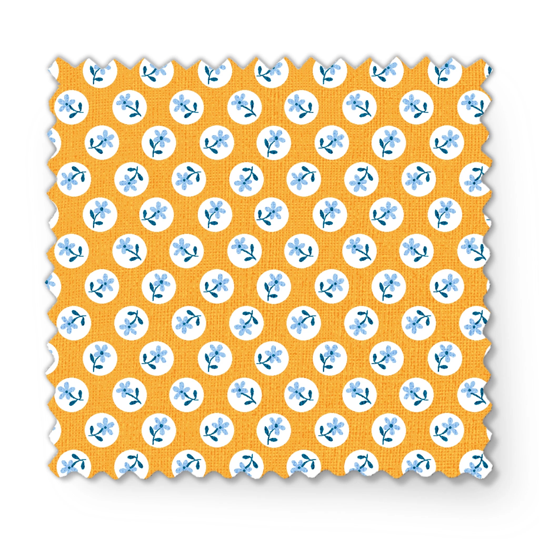 Light blue flowers with navy stems in white circles on a mustard yellow background fabric swatch mockup