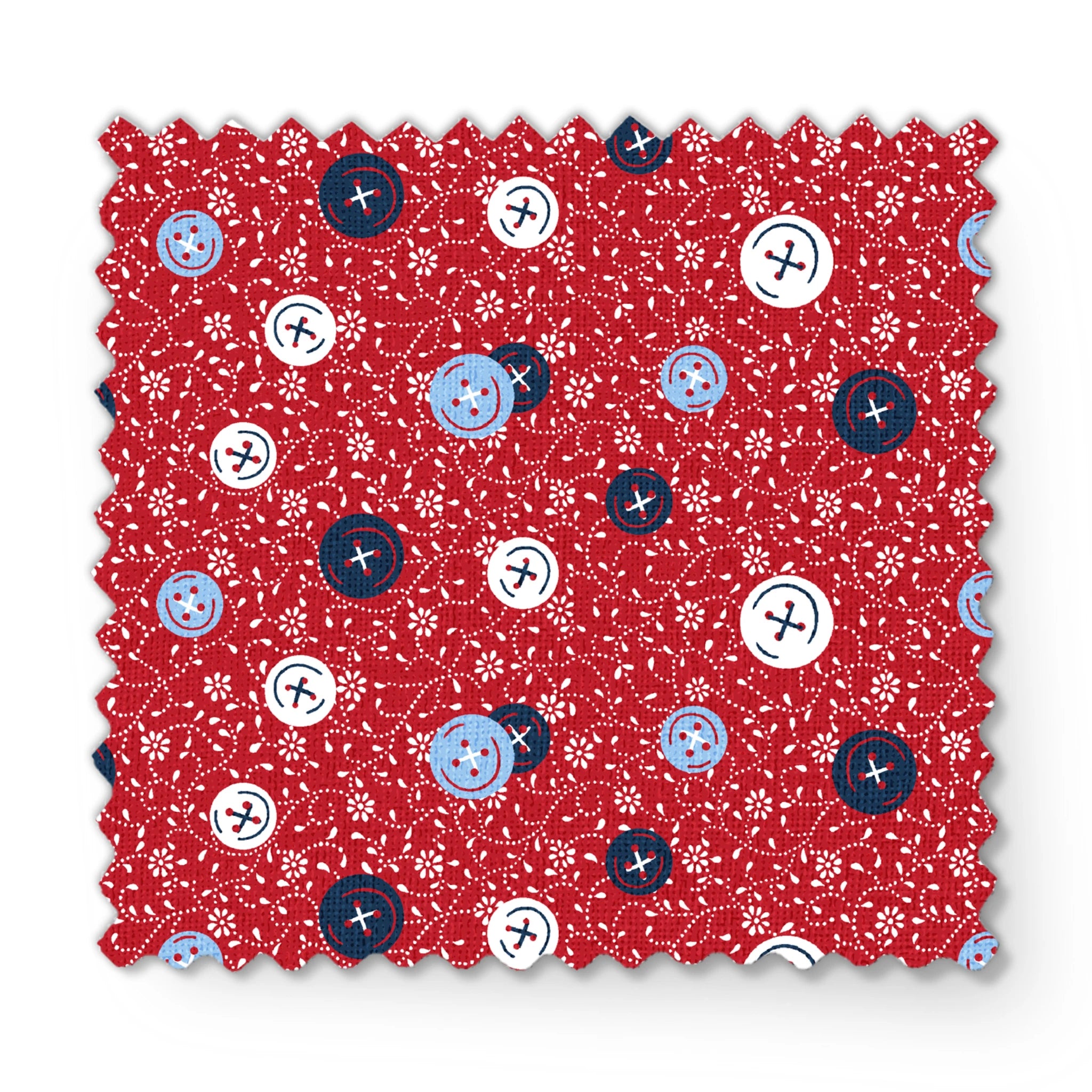 Red background with small white floral pattern featuring scattered button designs in blue, white, and navy cross details fabric swatch mockup