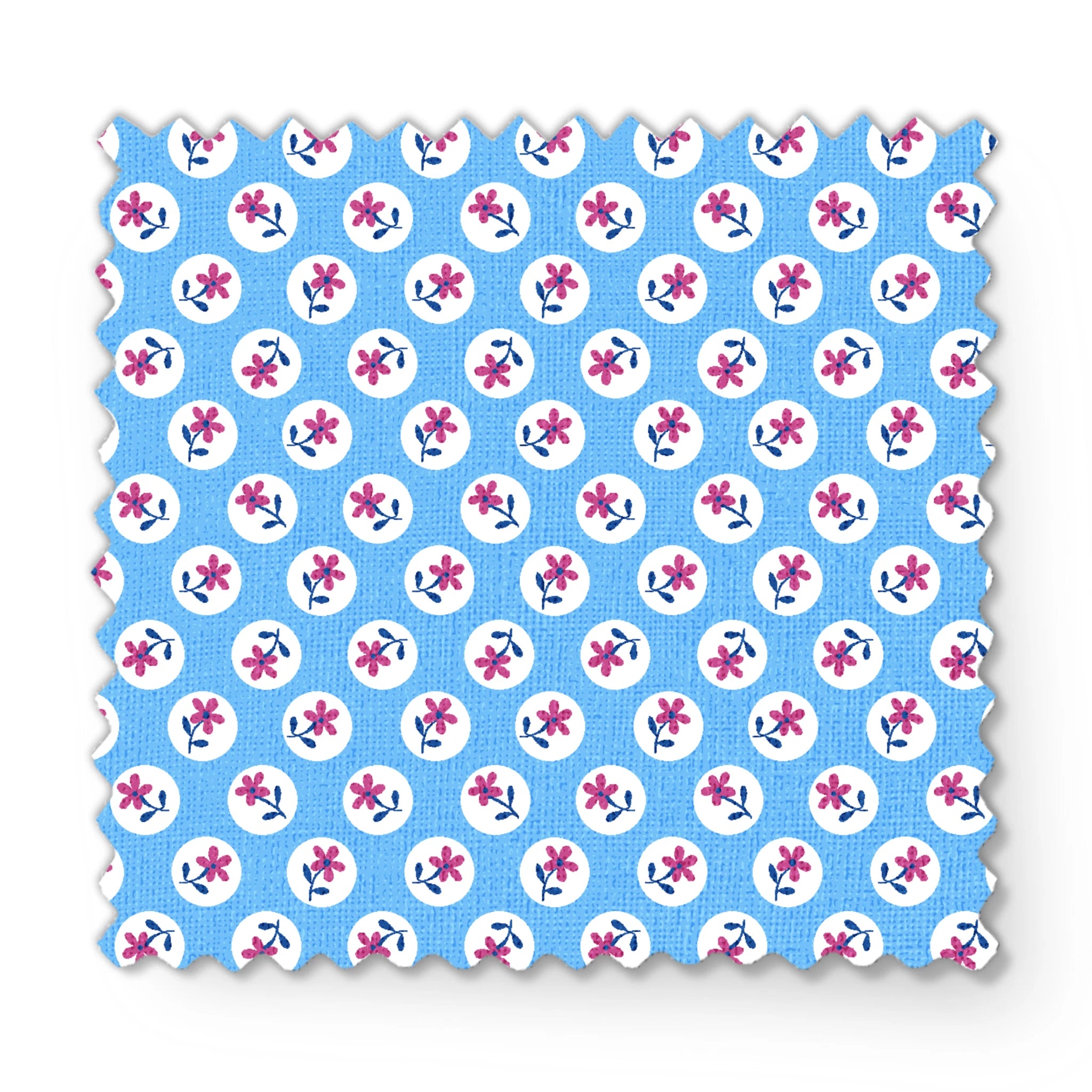 Purple flowers with blue stems inside white circles on light blue background pattern fabric swatch mockup