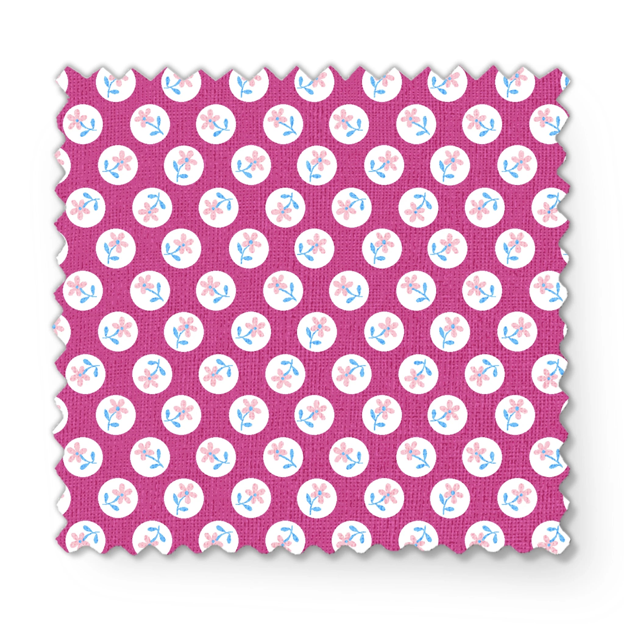 White circular dots with pink flowers and blue leaves pattern on vibrant magenta background fabric swatch mockup