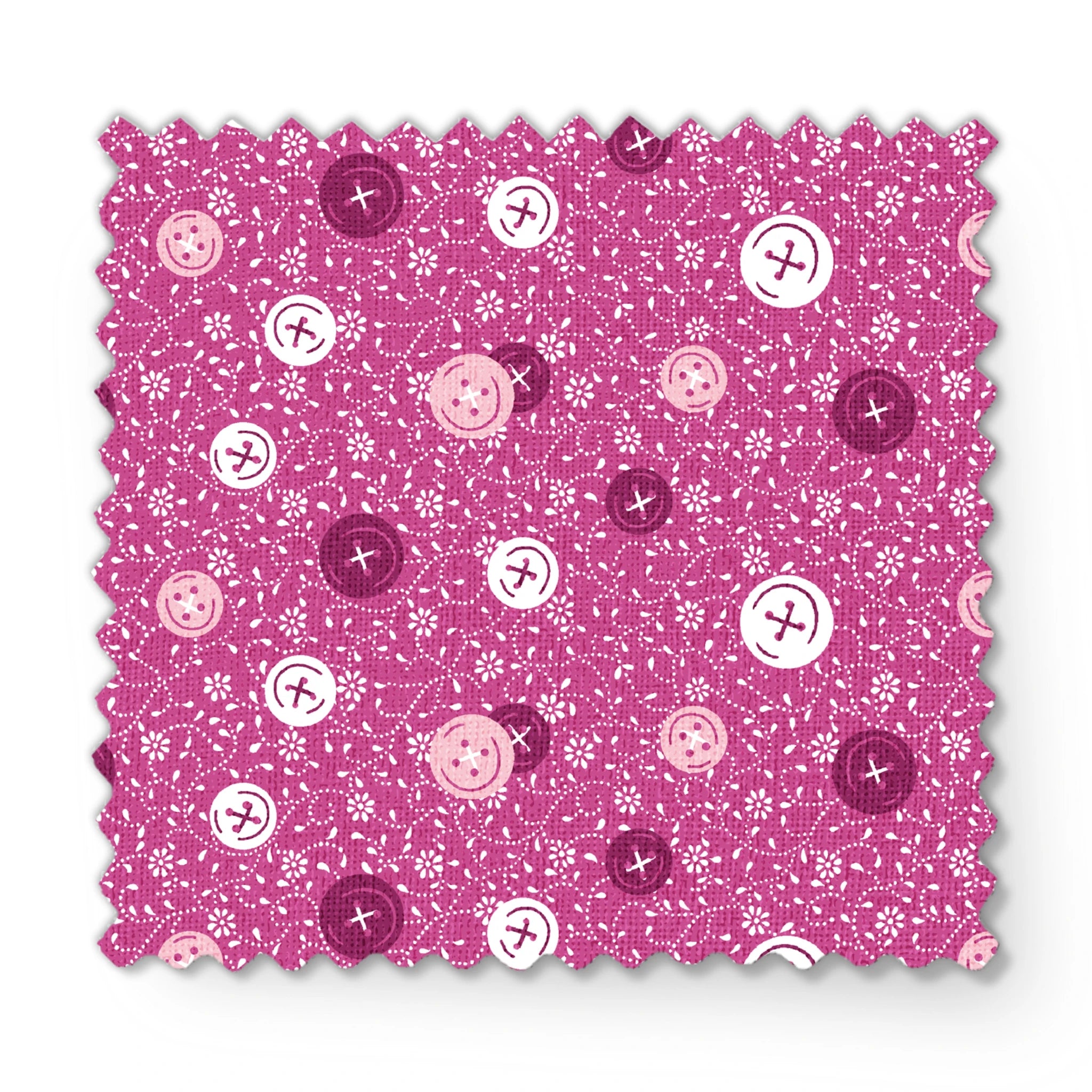 Magenta background with white floral pattern and buttons scattered throughout fabric swatch mockup