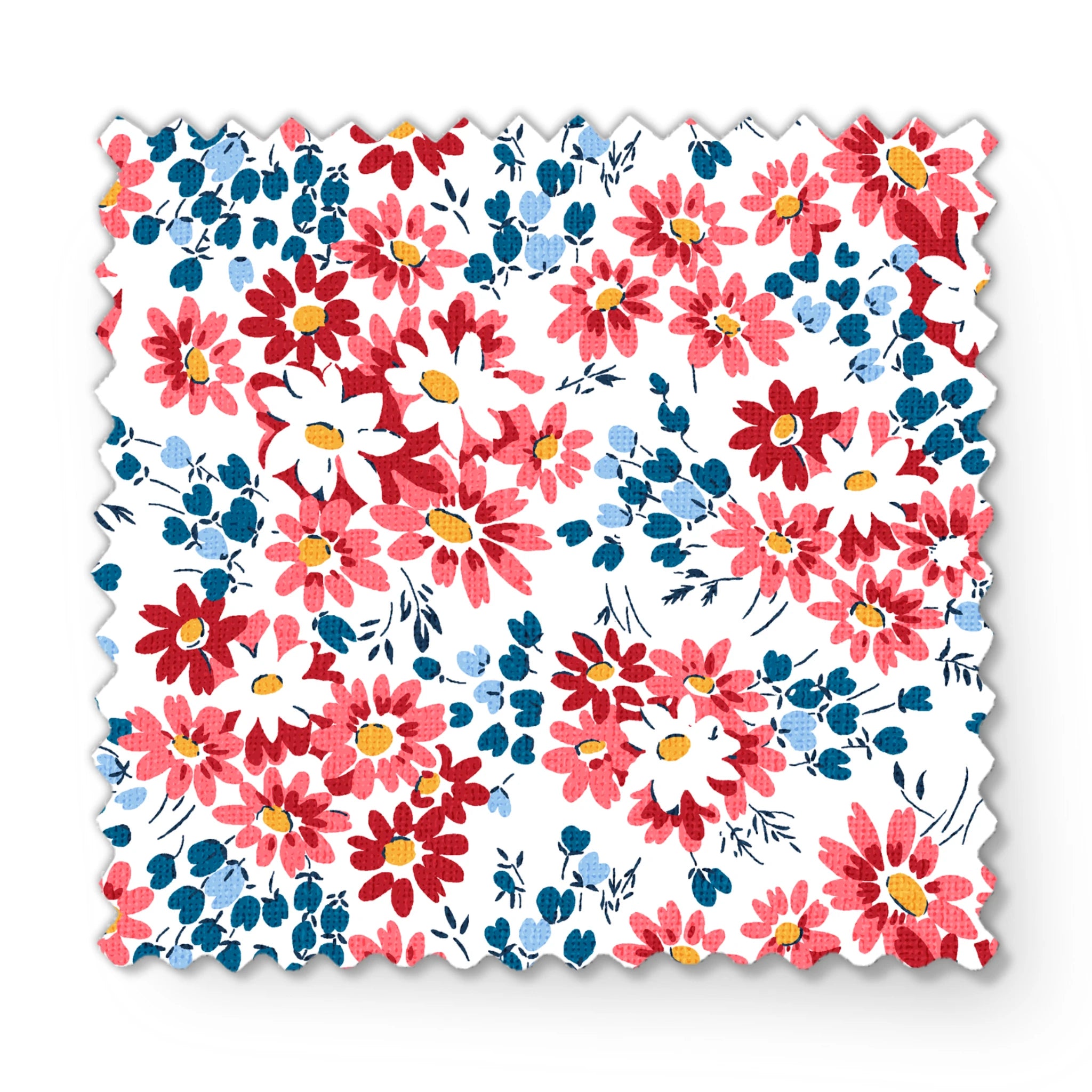 Colorful floral pattern with coral, red, and white daisies with yellow centers and teal leaves fabric swatch mockup