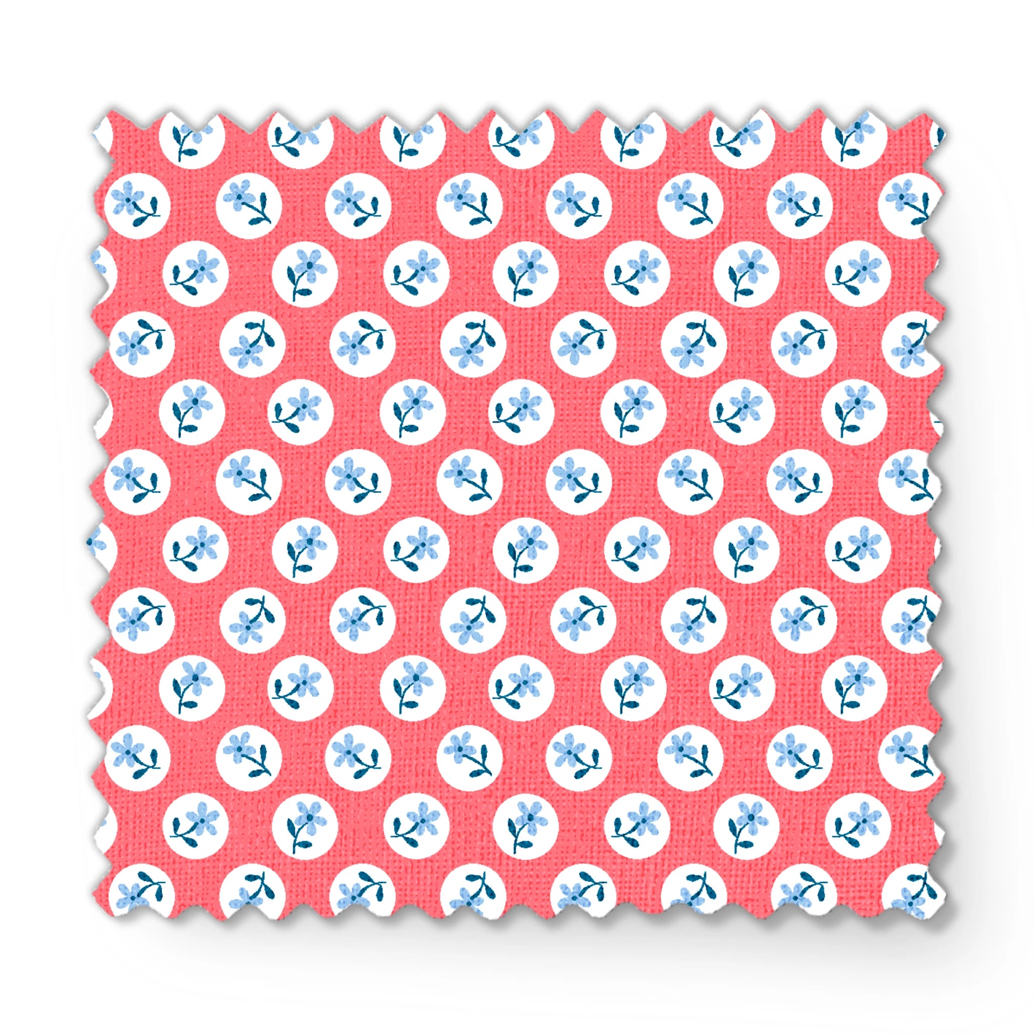 Coral pink background with white circles containing light blue floral designs arranged in a pattern fabric swatch mockup
