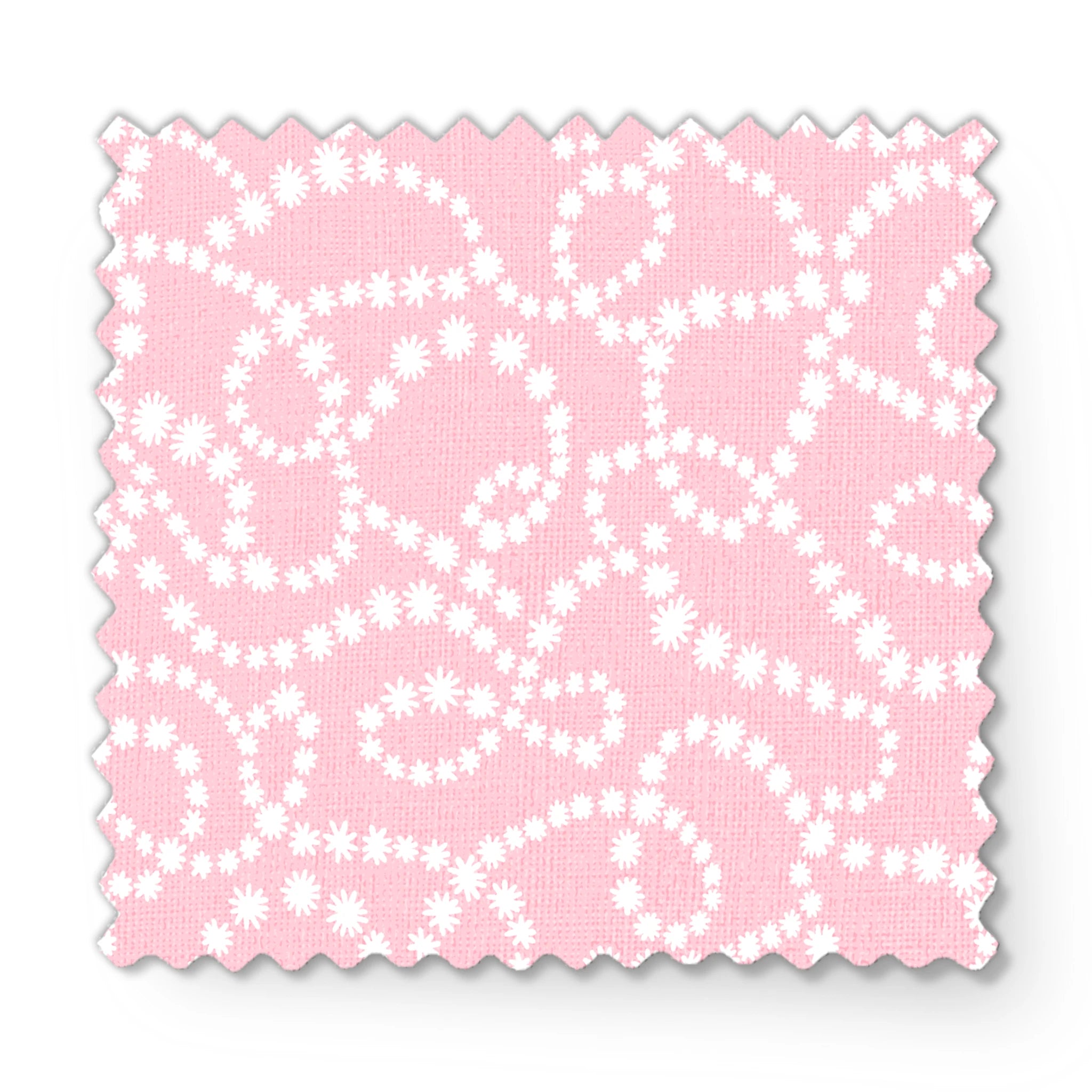 Baby pink background with white dotted swirling pattern creating delicate curved lines and loops fabric swatch mockup