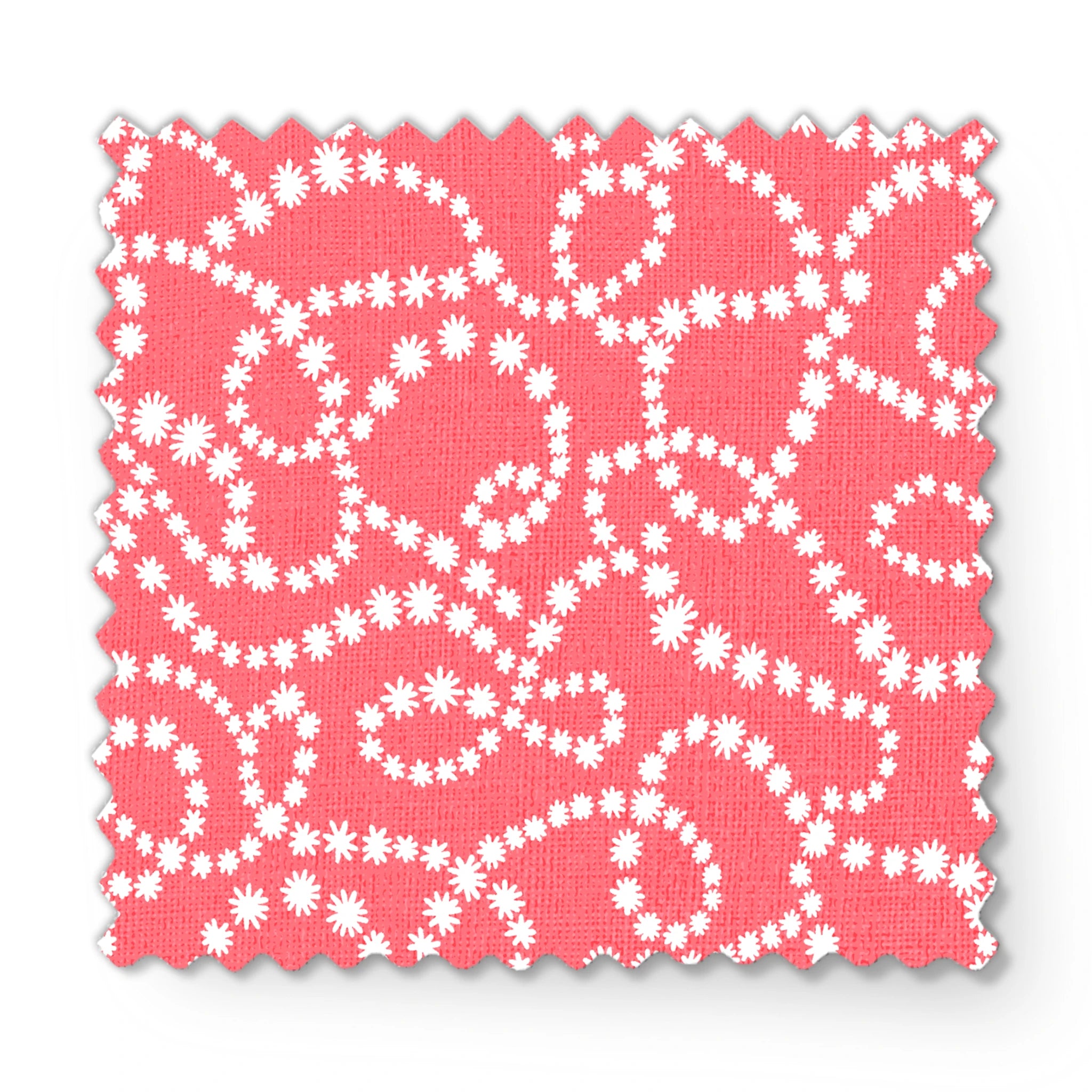 White dot patterns forming swirling chains on coral pink background fabric swatch mockup