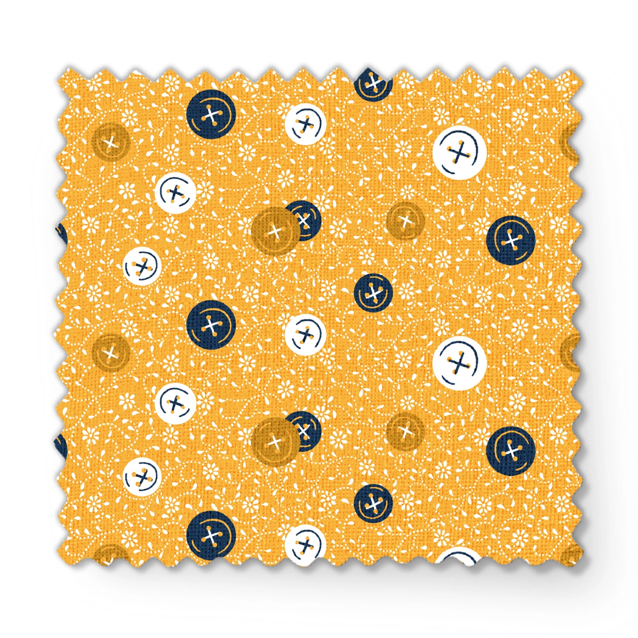 Circular buttons with cross symbols in gold, navy, and white scattered on a gold floral background fabric swatch mockup