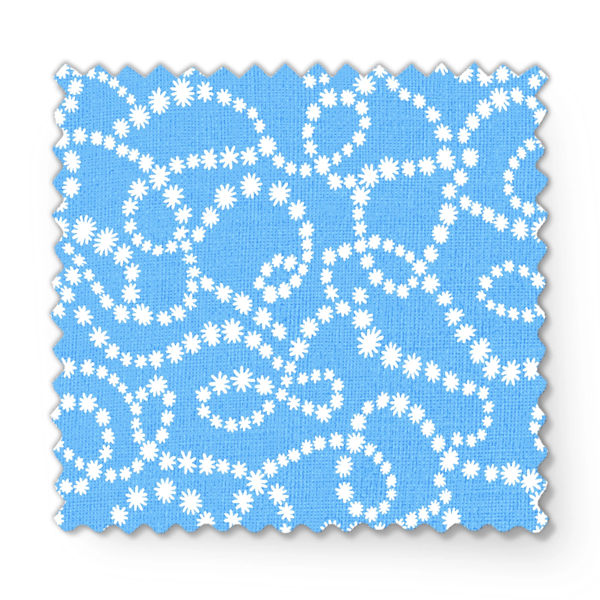 Sky blue background with swirling white dotted pattern resembling beaded strings or pearls arranged in curving lines fabric swatch mockup