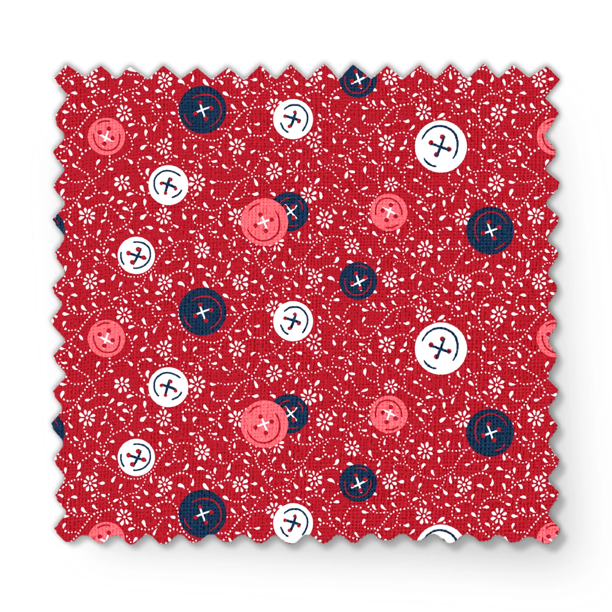Red background with scattered buttons in white, blue, and coral colors featuring sewing motifs and small floral patterns fabric swatch mockup
