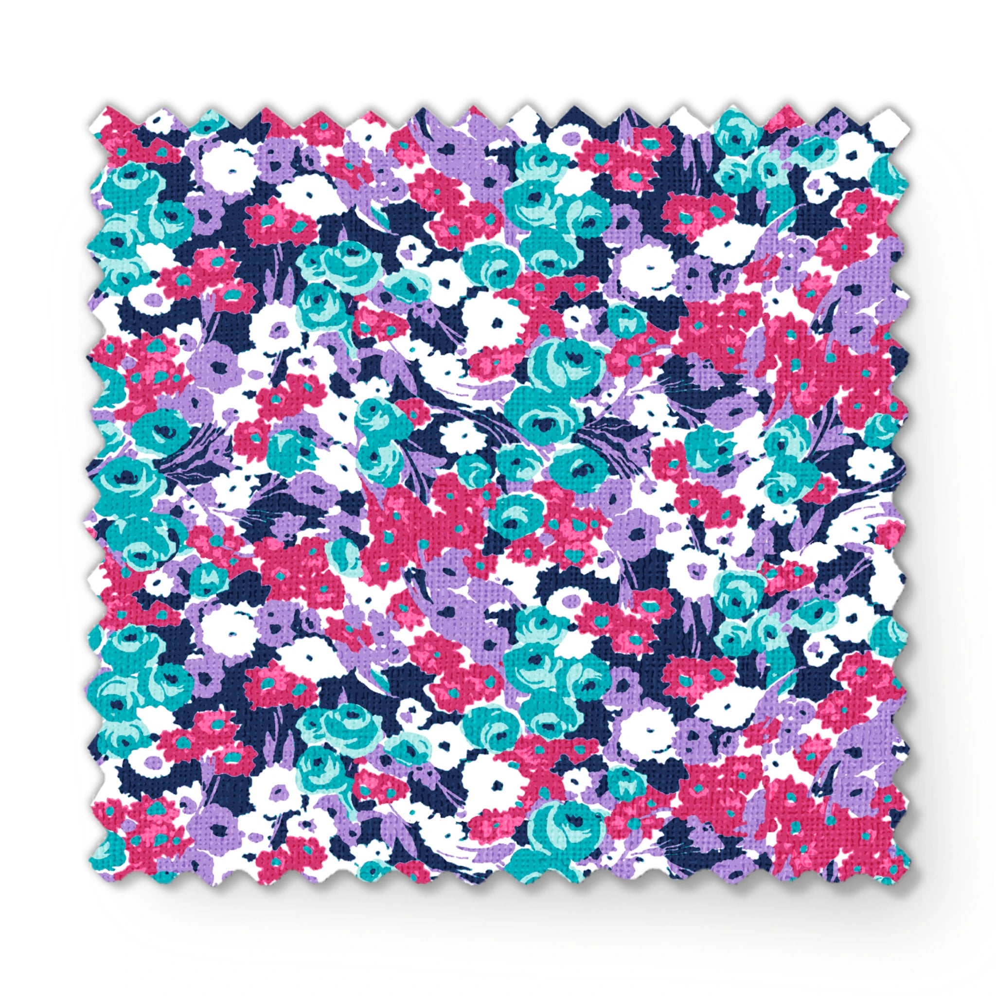 Vibrant floral pattern with pink, white, purple, and turquoise flowers on dark indigo background fabric swatch mockup