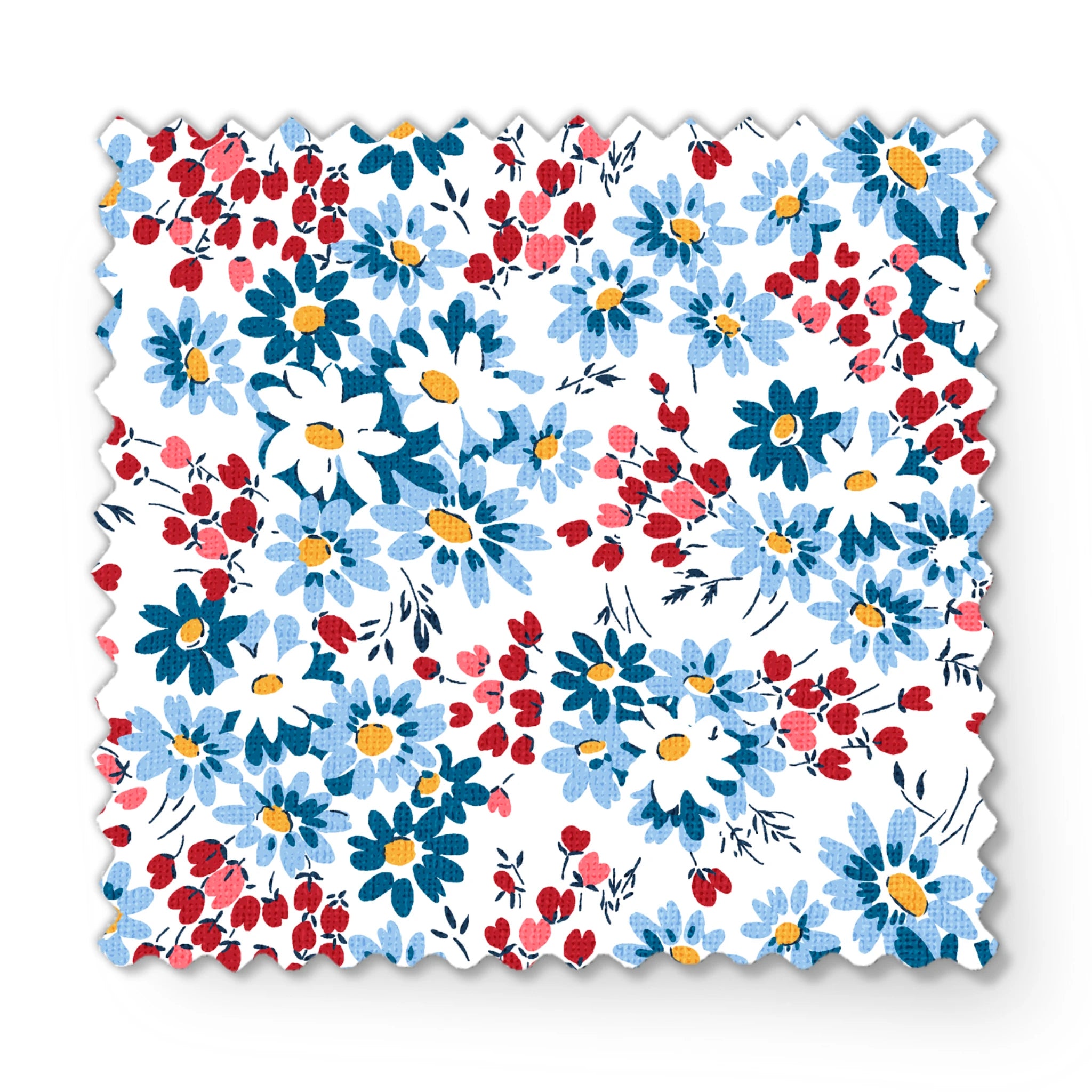 Blue and white daisies with small red berries scattered across a light background in a floral pattern fabric swatch mockup