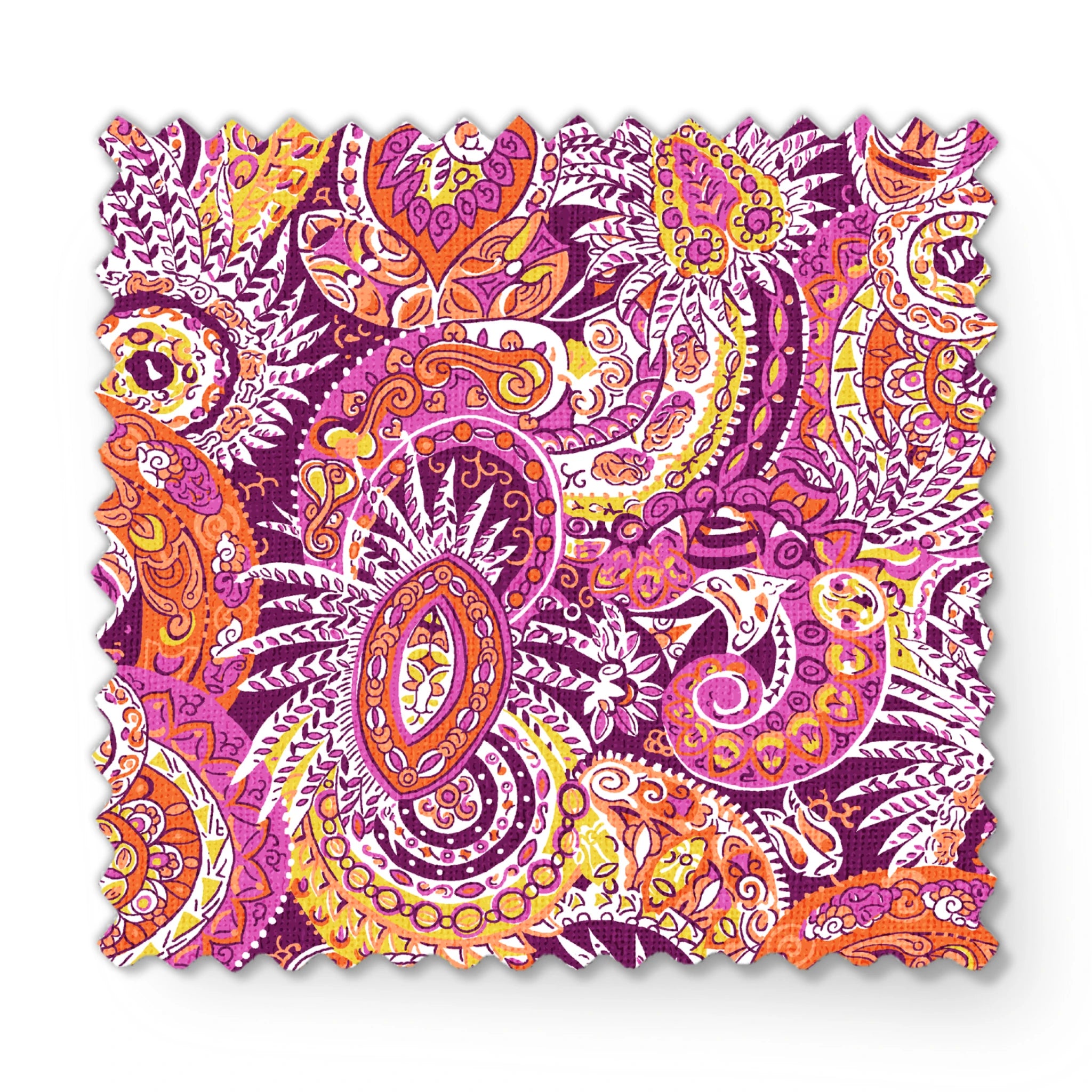 Vibrant paisley pattern with swirling shapes in purple, orange, pink, and yellow tones fabric swatch mockup
