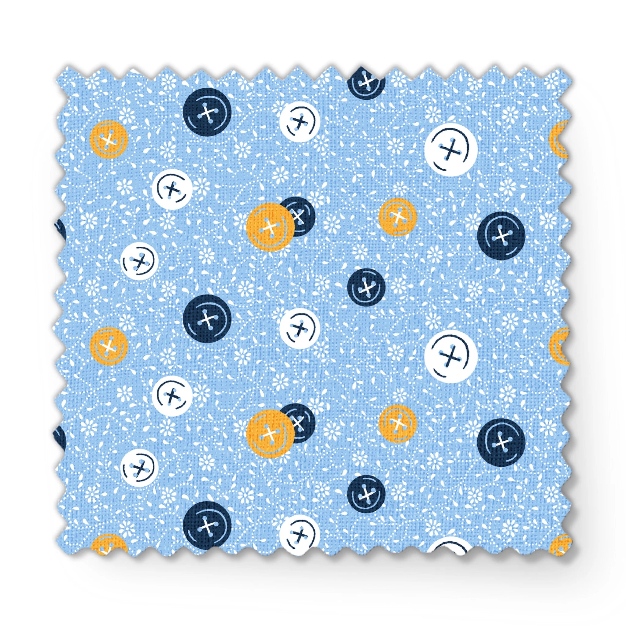 Blue background with scattered circular buttons in white, navy, and gold, each featuring cross designs, on a floral pattern. fabric swatch mockup