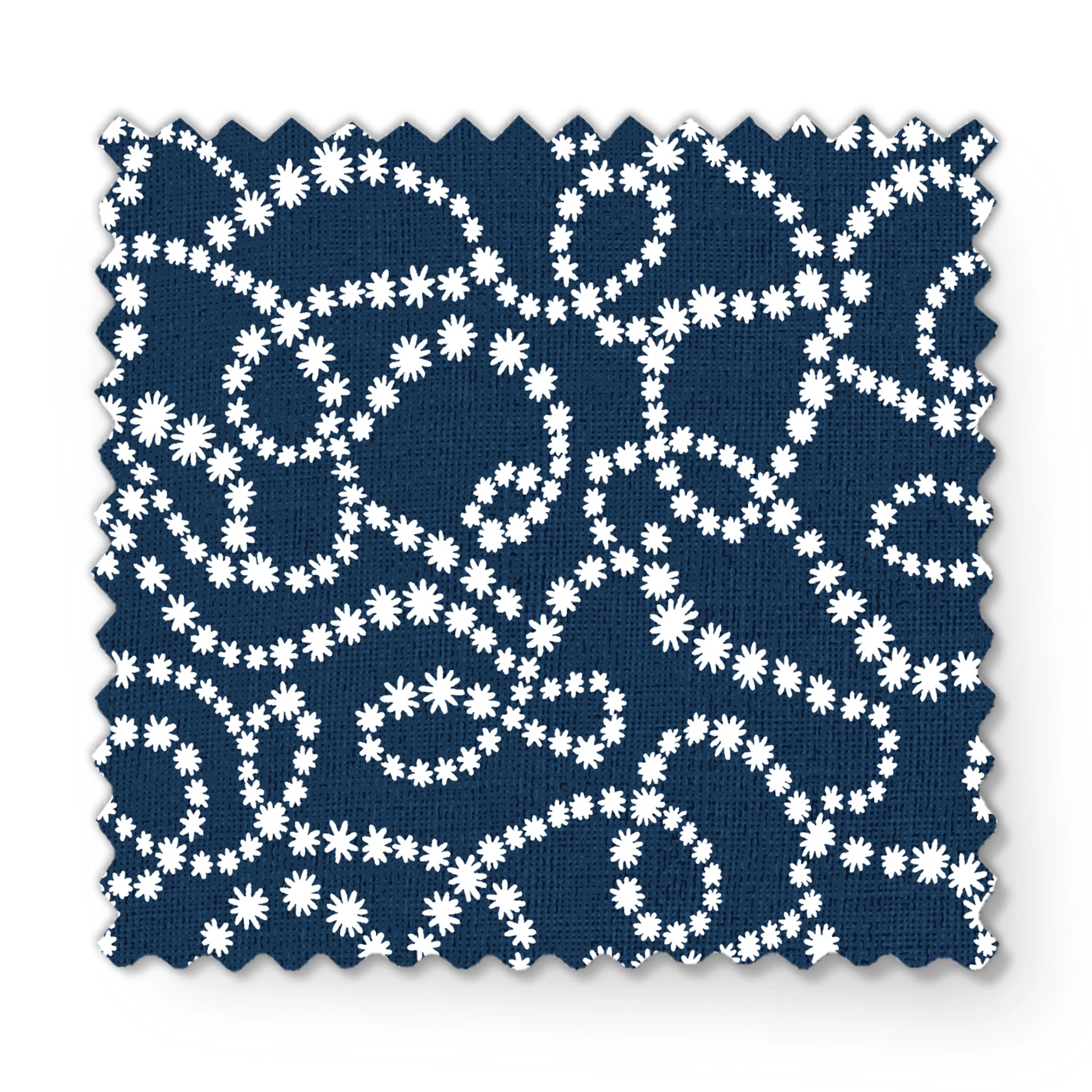 Navy blue background with swirling white dotted patterns creating circular and flowing designs fabric swatch mockup