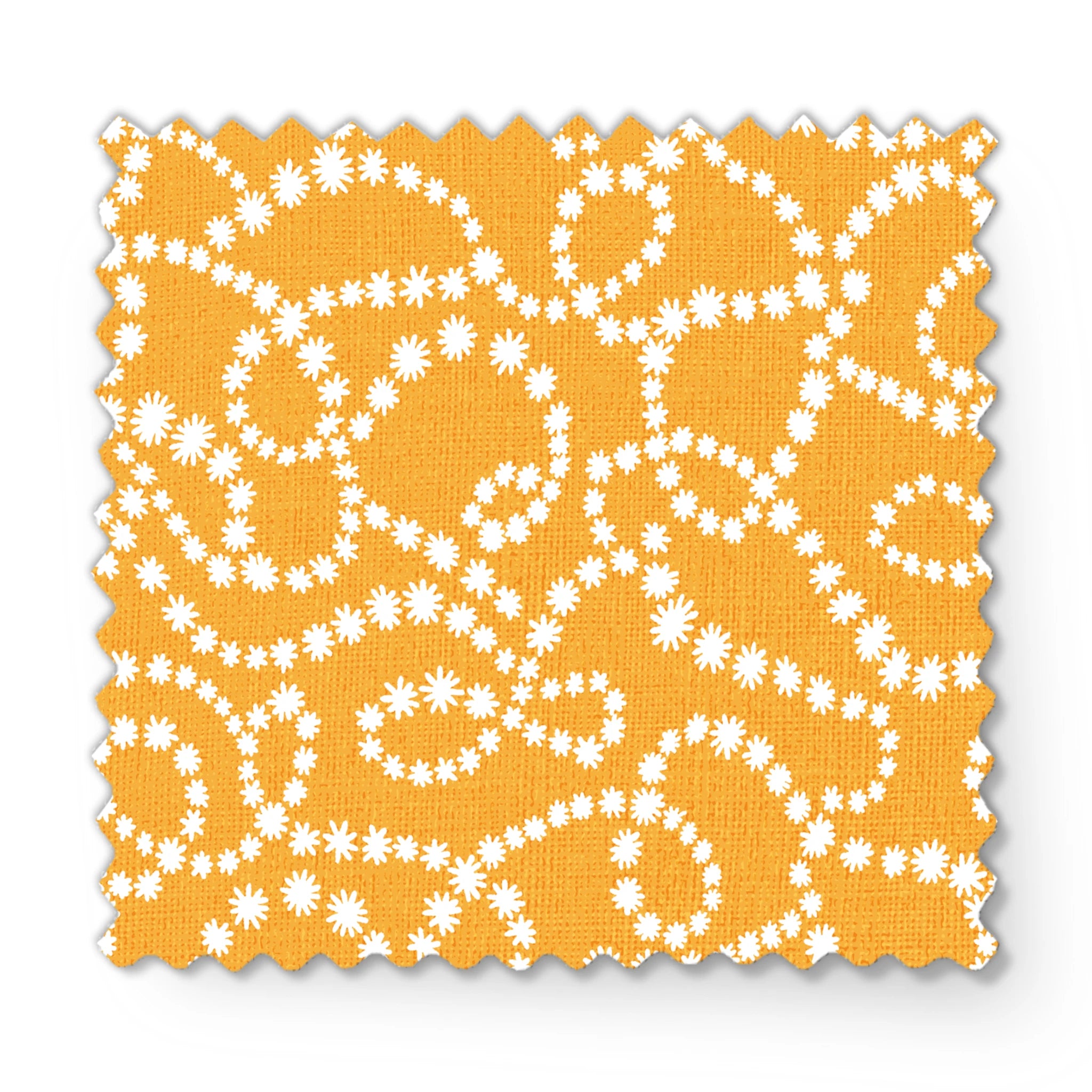 Mustard yellow background with swirling dotted white patterns forming organic circular designs fabric swatch mockup