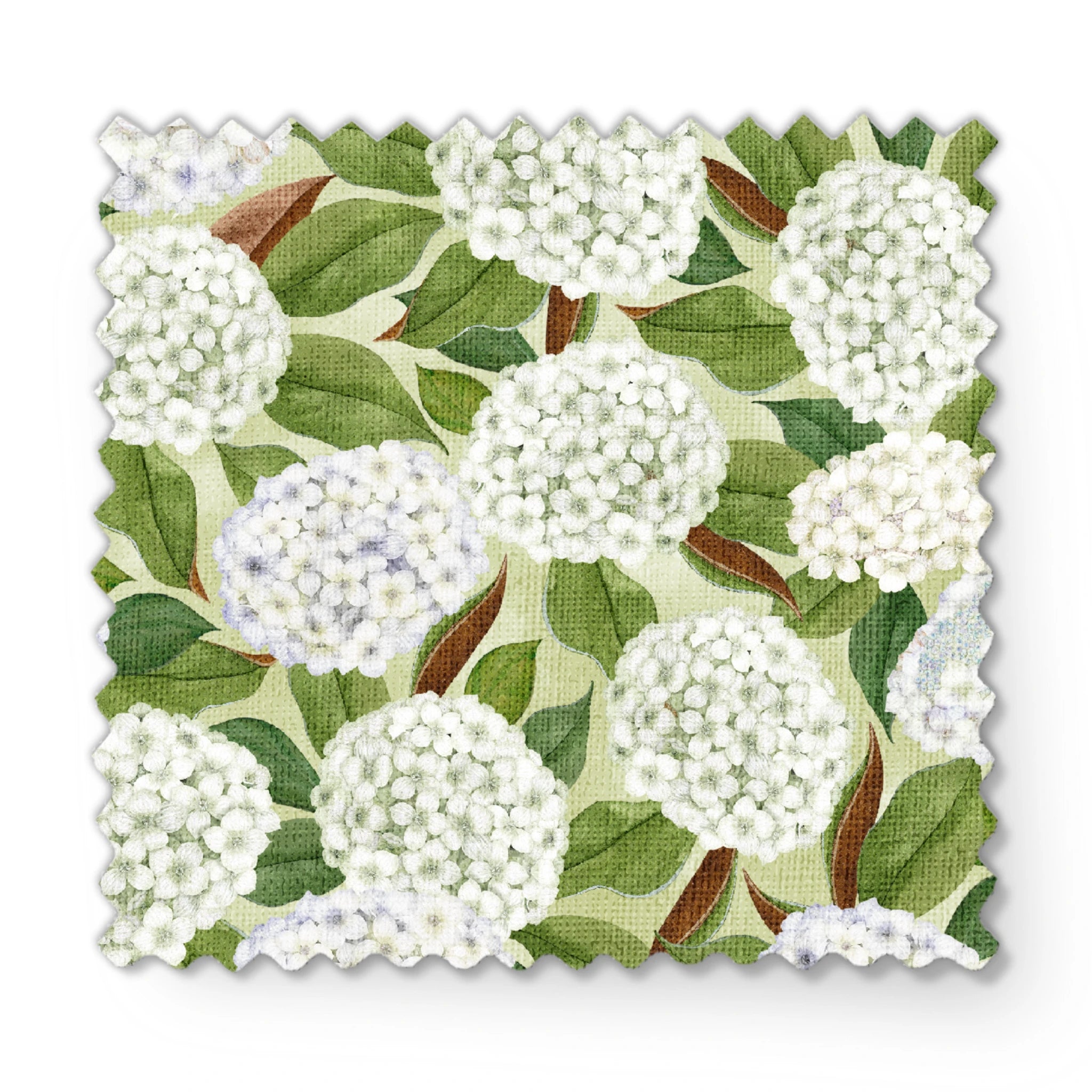 Realistic white hydrangea clusters with green leaves on a soft cream background, designed by Nicole Tamarin in a timeless botanical style. fabric swatch mockup