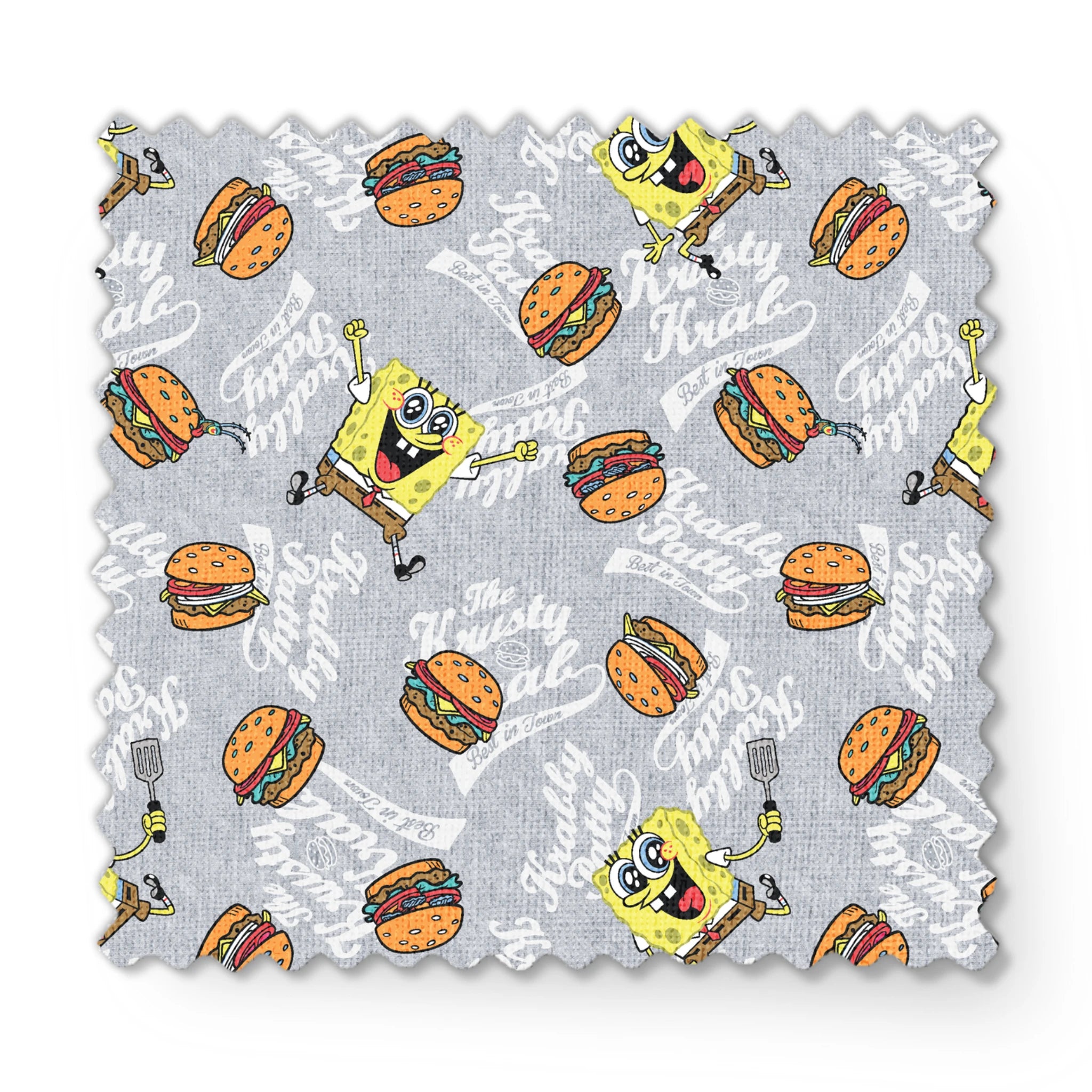 SpongeBob surrounded by Krabby Patties, spatulas, and “The Krusty Krab” text on a heather gray background in a playful cartoon-style design. fabric swatch mockup