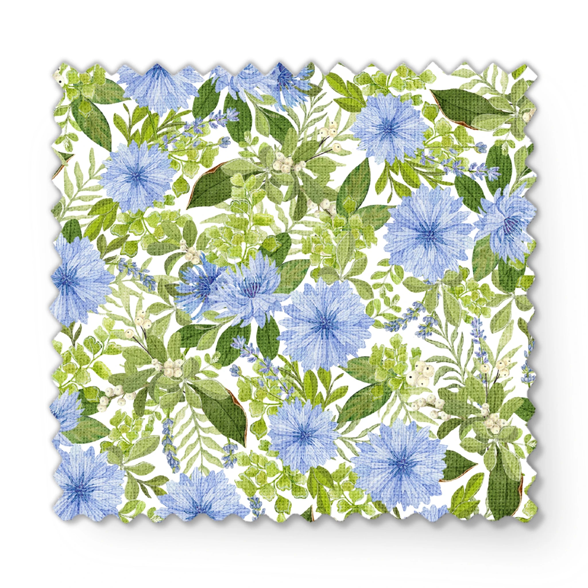 Watercolor-style botanical fabric pattern featuring blue wildflowers and soft green foliage on a white background. Designed by Nicole Tamarin. fabric swatch mockup