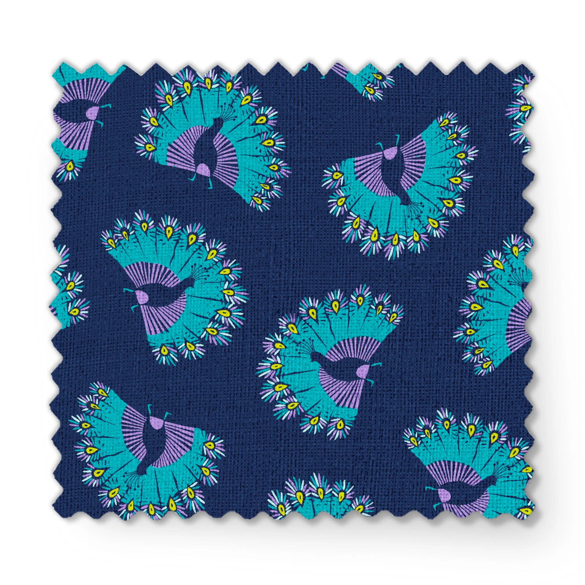 Vibrant peacock-inspired pattern with teal and purple fan shapes on blue background fabric swatch mockup