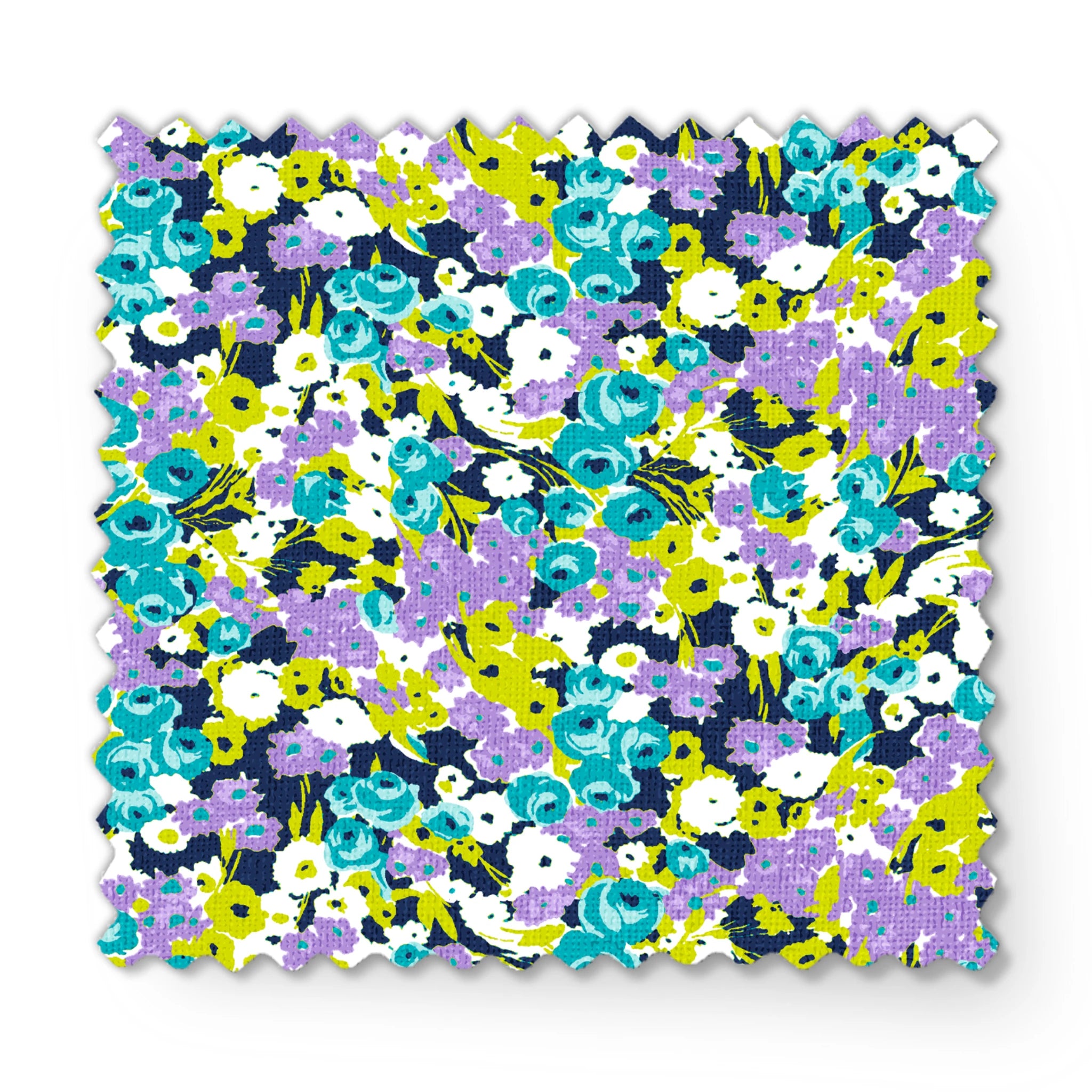 Vibrant floral pattern with turquoise, purple, white, and chartreuse blooms on dark background fabric swatch mockup