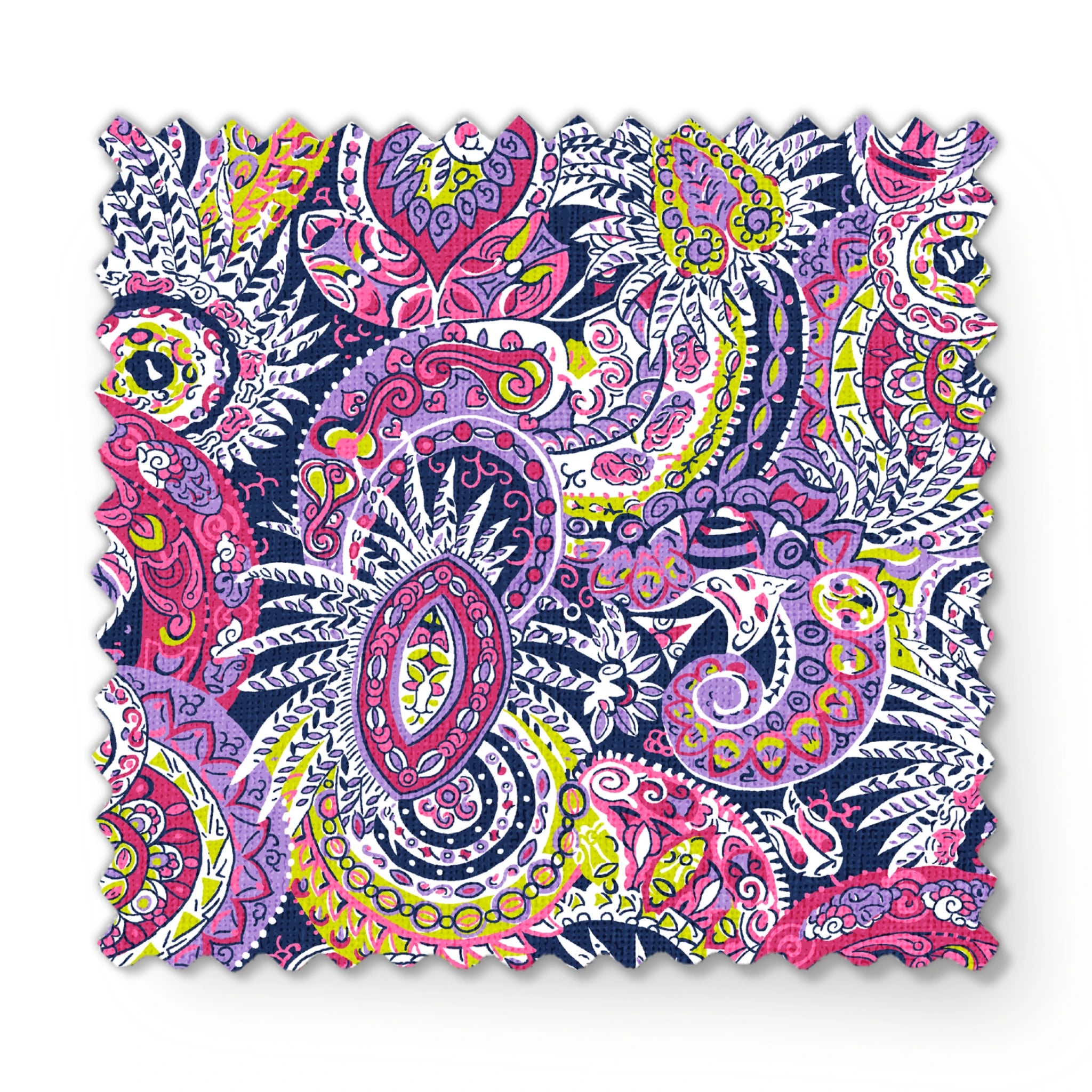Vibrant paisley pattern in pink, purple, yellow, and blue with intricate swirling designs fabric swatch mockup