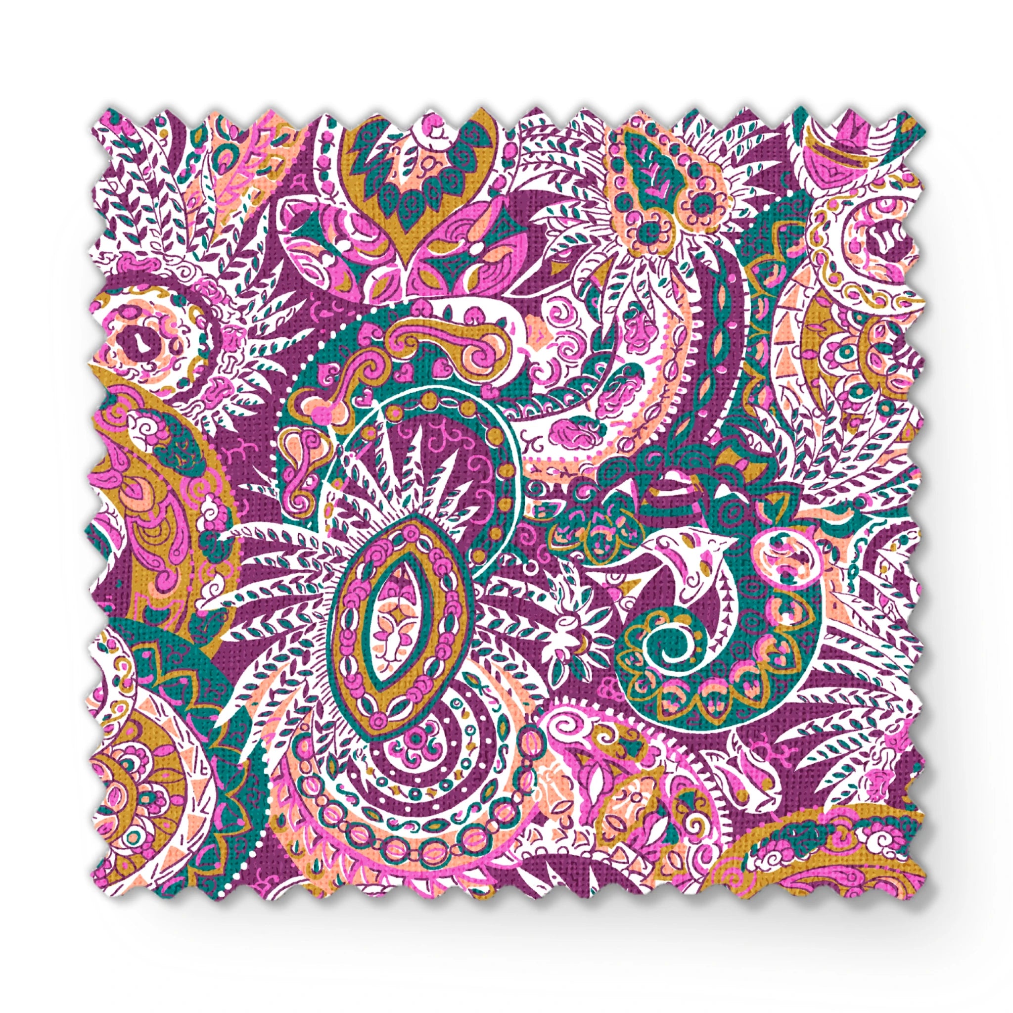Colorful paisley pattern with intricate swirls in purple, pink, orange, and teal tones fabric swatch mockup
