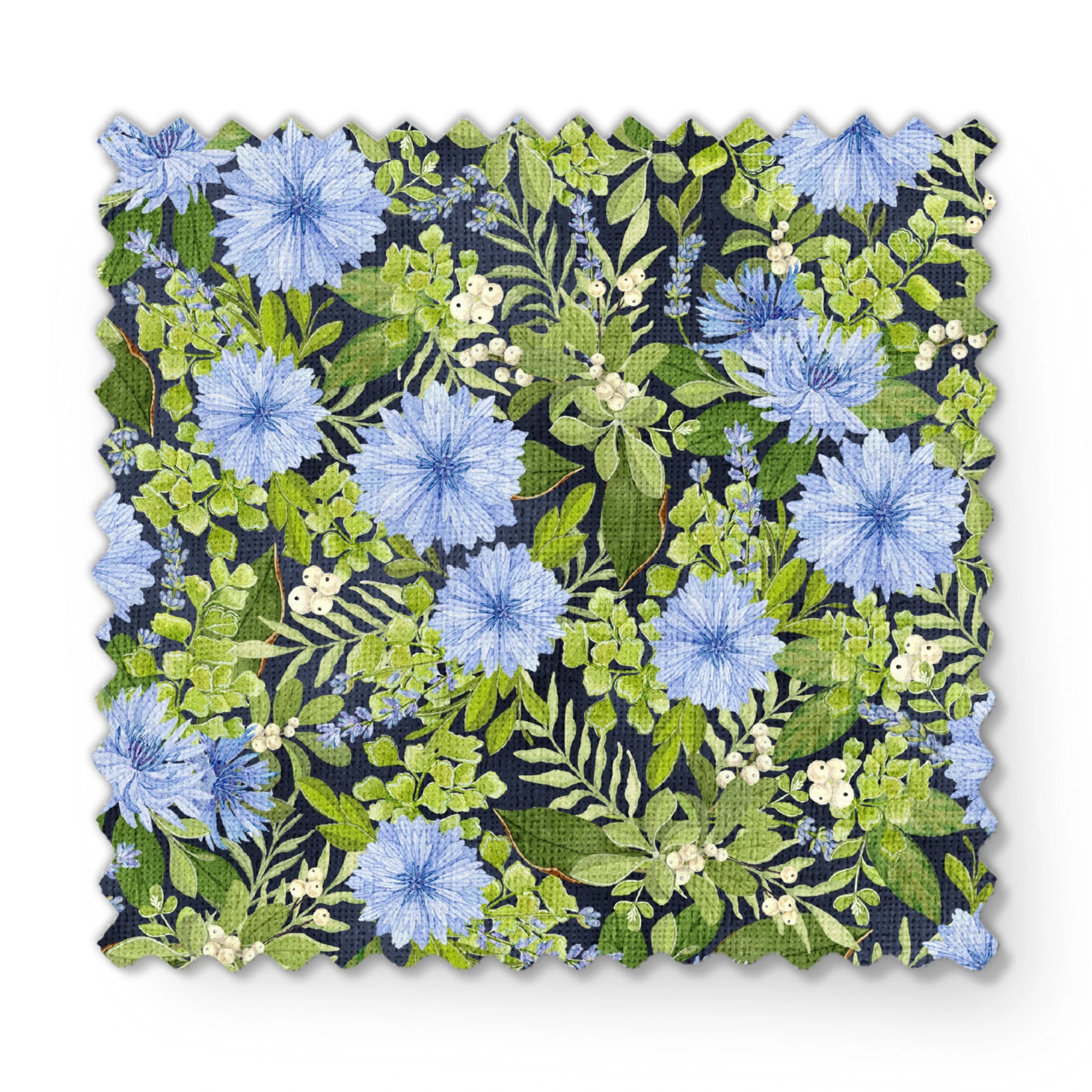 Beautiful floral pattern with light blue cornflowers and vibrant green leaves and foliage fabric swatch mockup