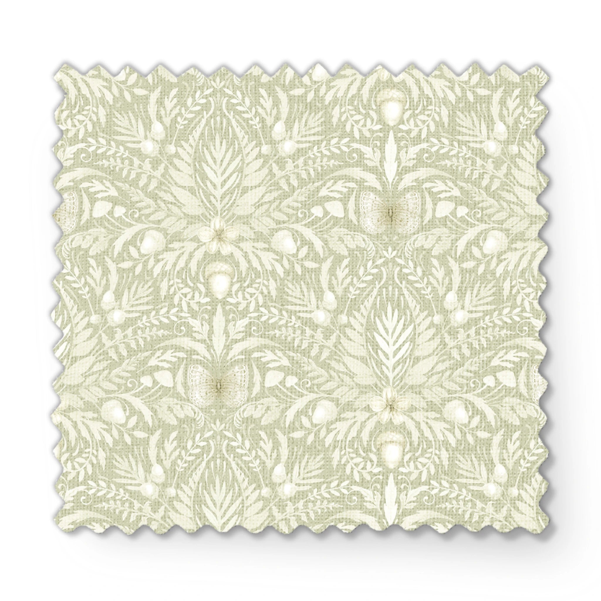 Sage and cream damask-style pattern featuring symmetrical acorns, oak leaves, and botanical motifs in a tonal palette by Nicole Tamarin. fabric swatch mockup