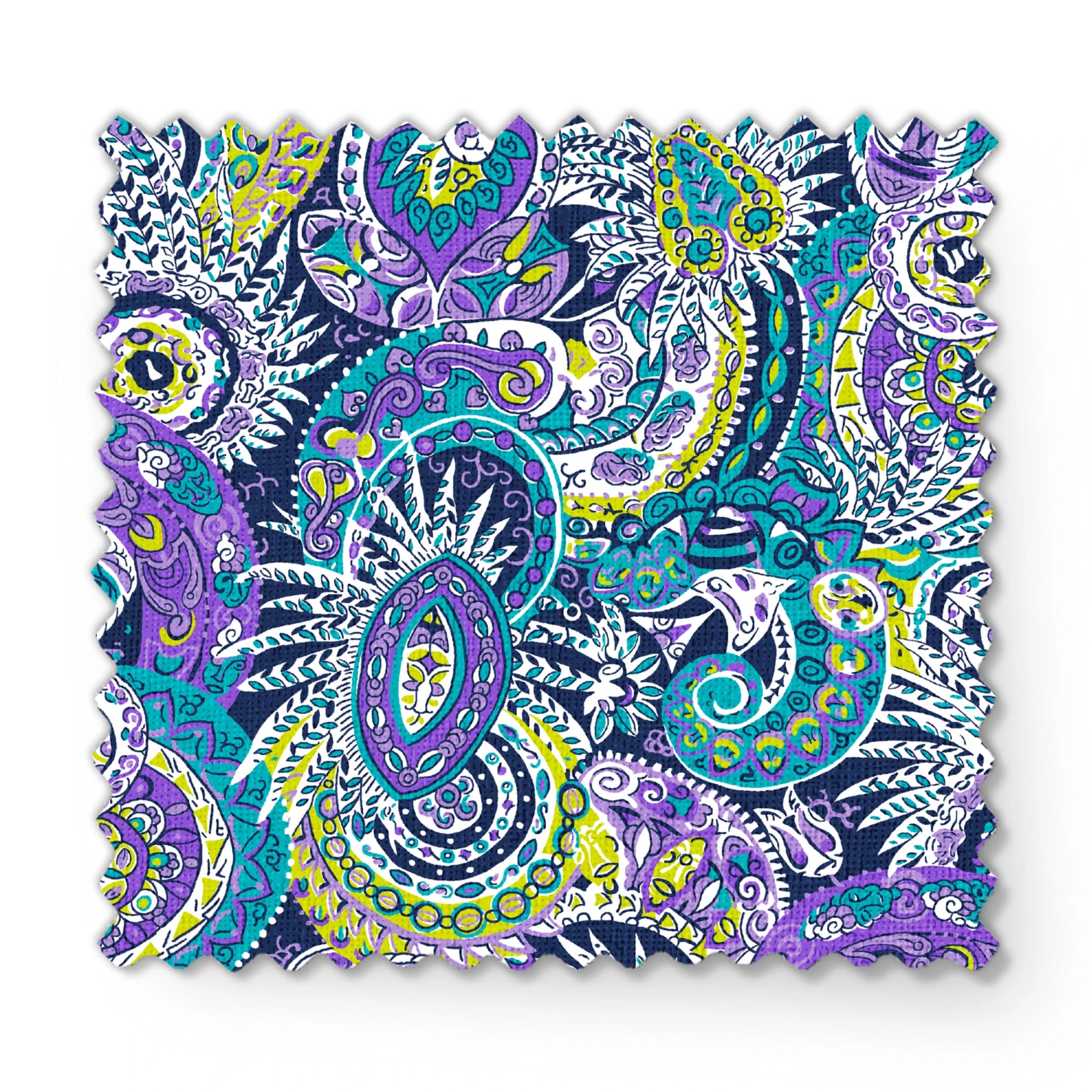 Vibrant paisley pattern with swirling designs in purple, blue, yellow, and white fabric swatch mockup