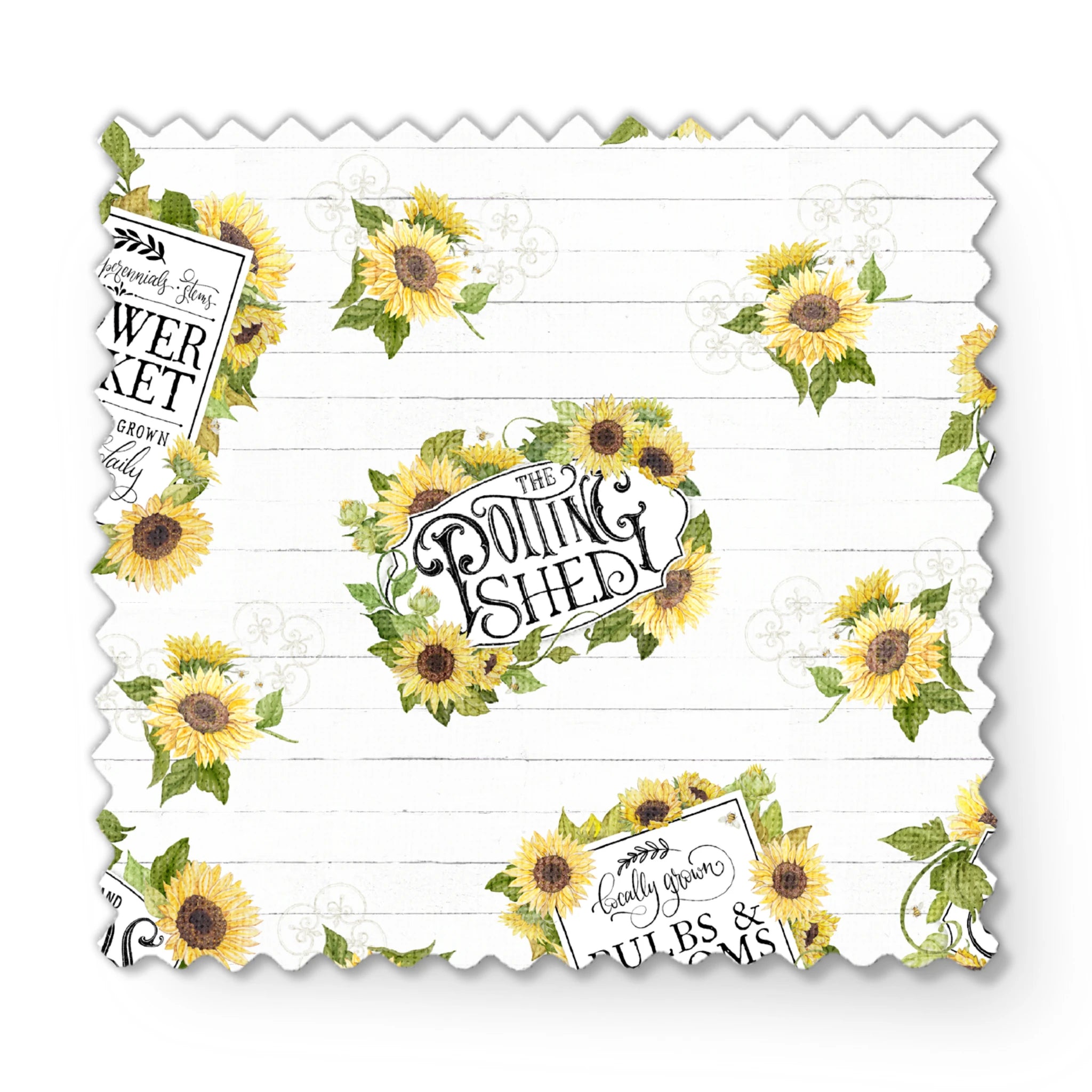 Watercolor sunflower clusters with vintage-style gardening labels on a white shiplap background, designed by Nicole Tamarin. fabric swatch mockup