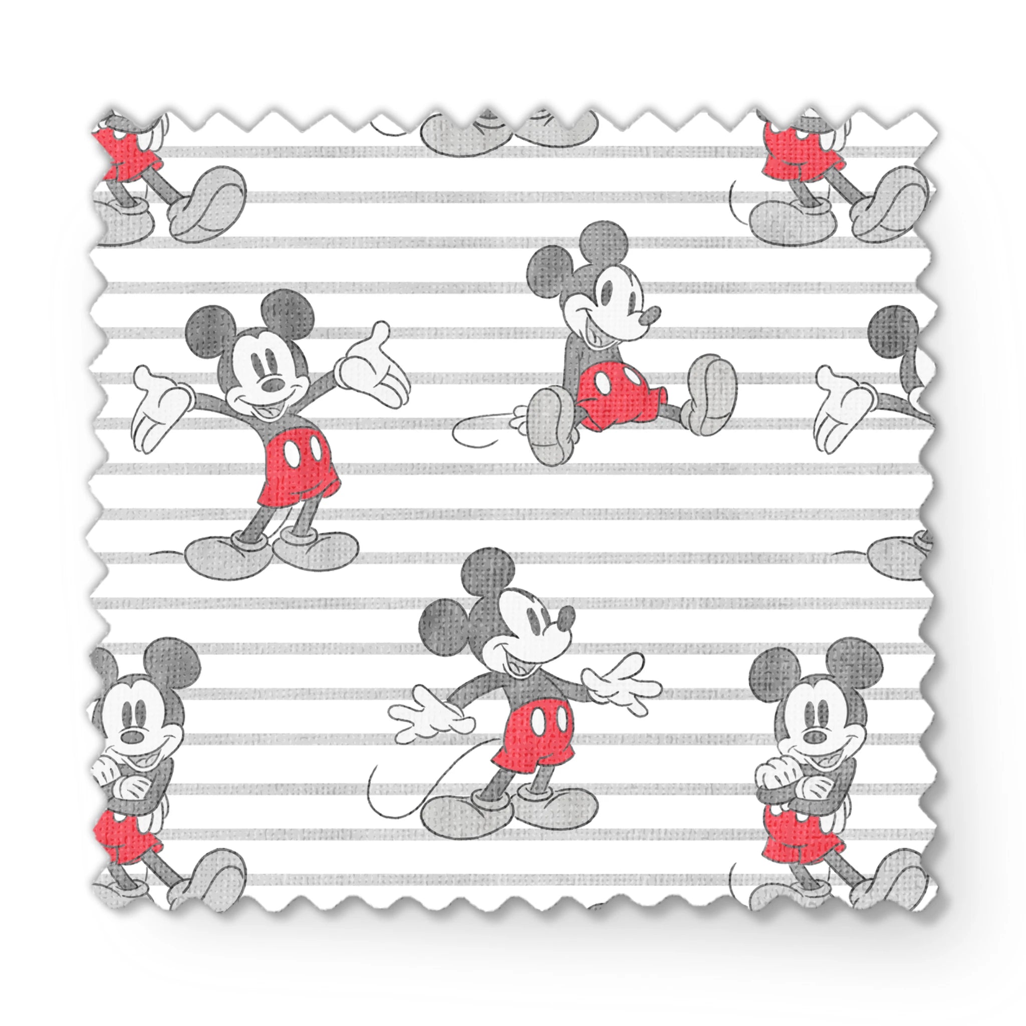 Mickey Mouse cartoon characters in various poses on gray and white striped background fabric swatch mockup