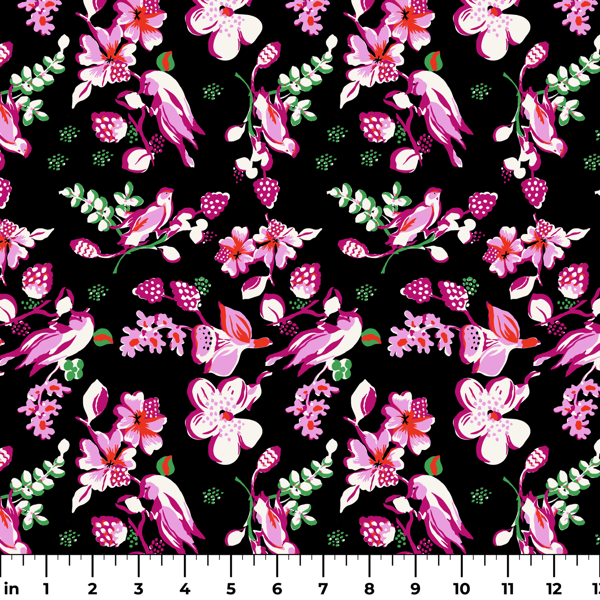 Vibrant pink birds and flowers pattern on black background with strawberry accents ruler