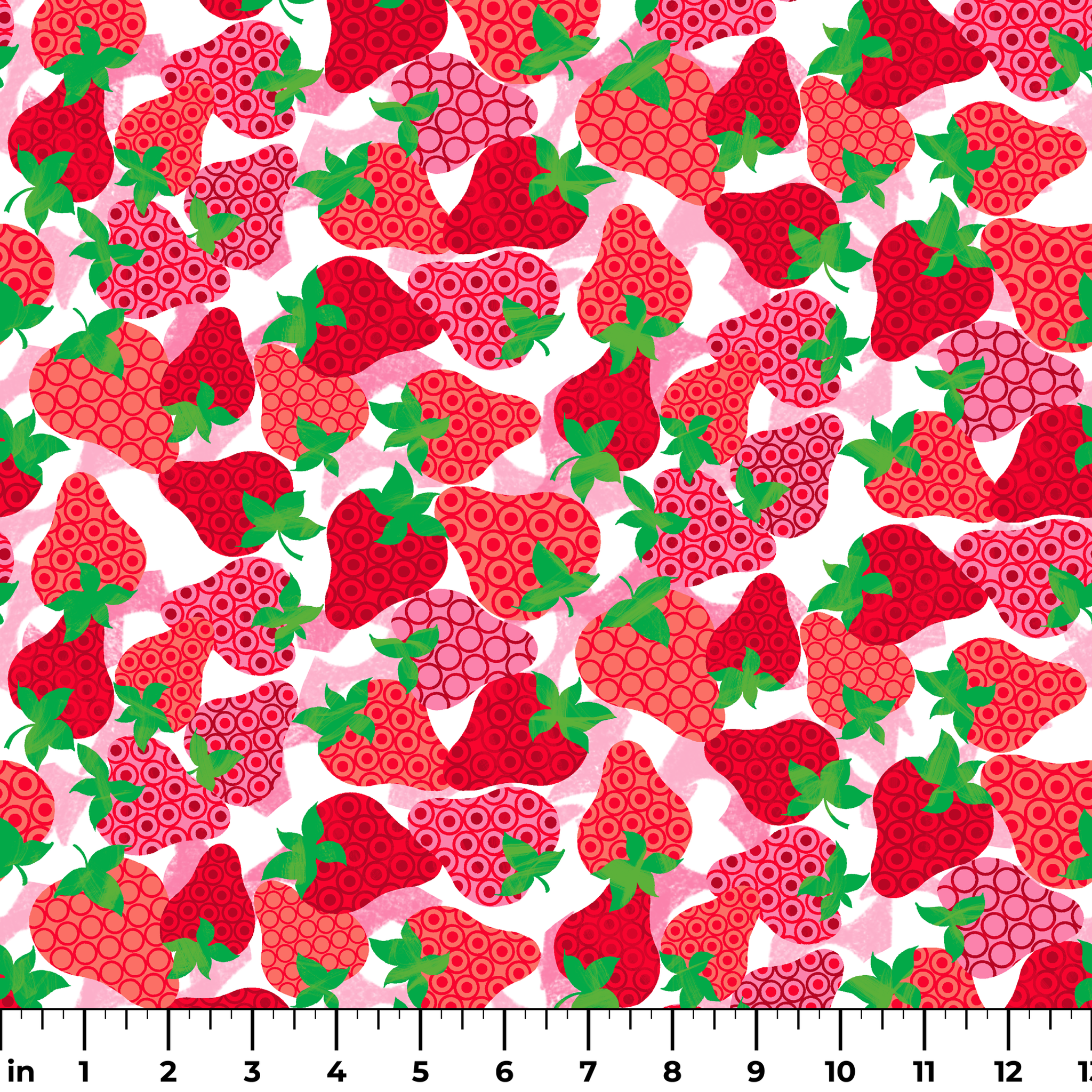 Colorful pattern of red strawberries with varied decorative patterns and green leaves on pink bac... ruler