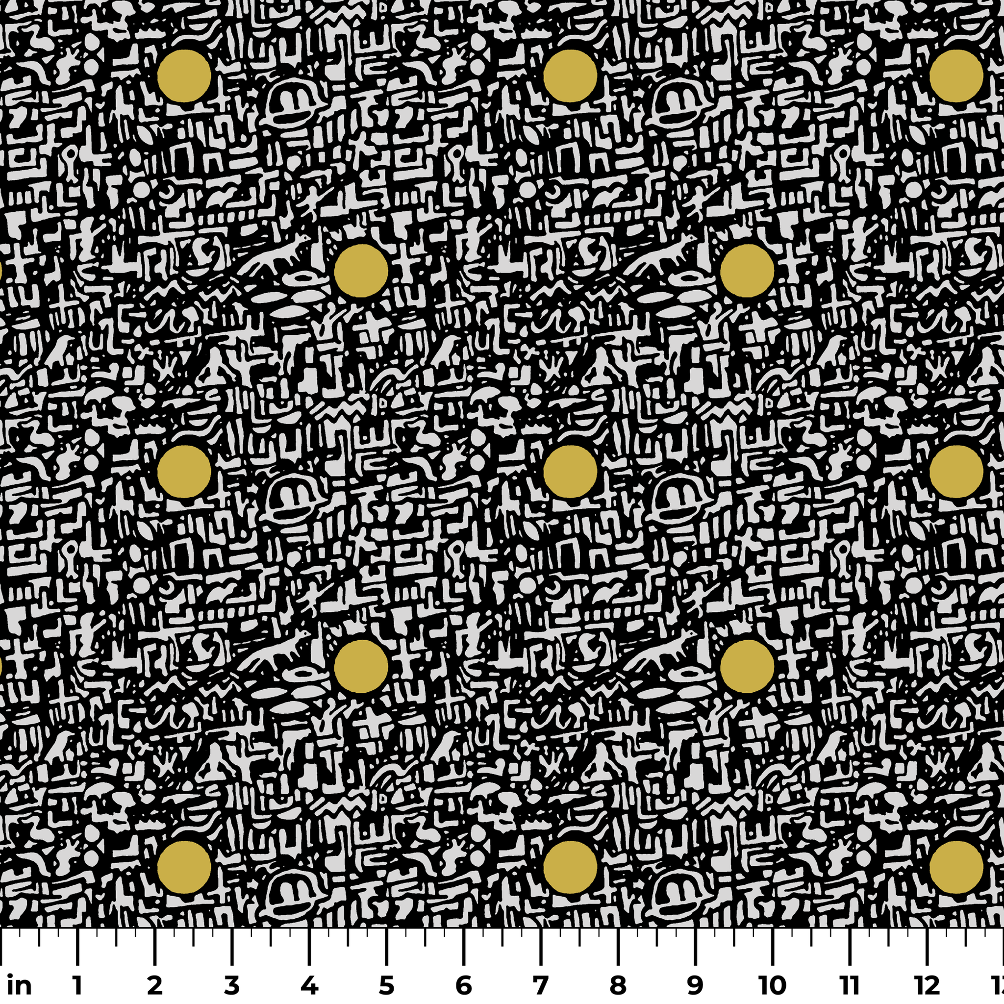 Abstract black and white maze pattern with scattered golden yellow dots arranged in a grid ruler