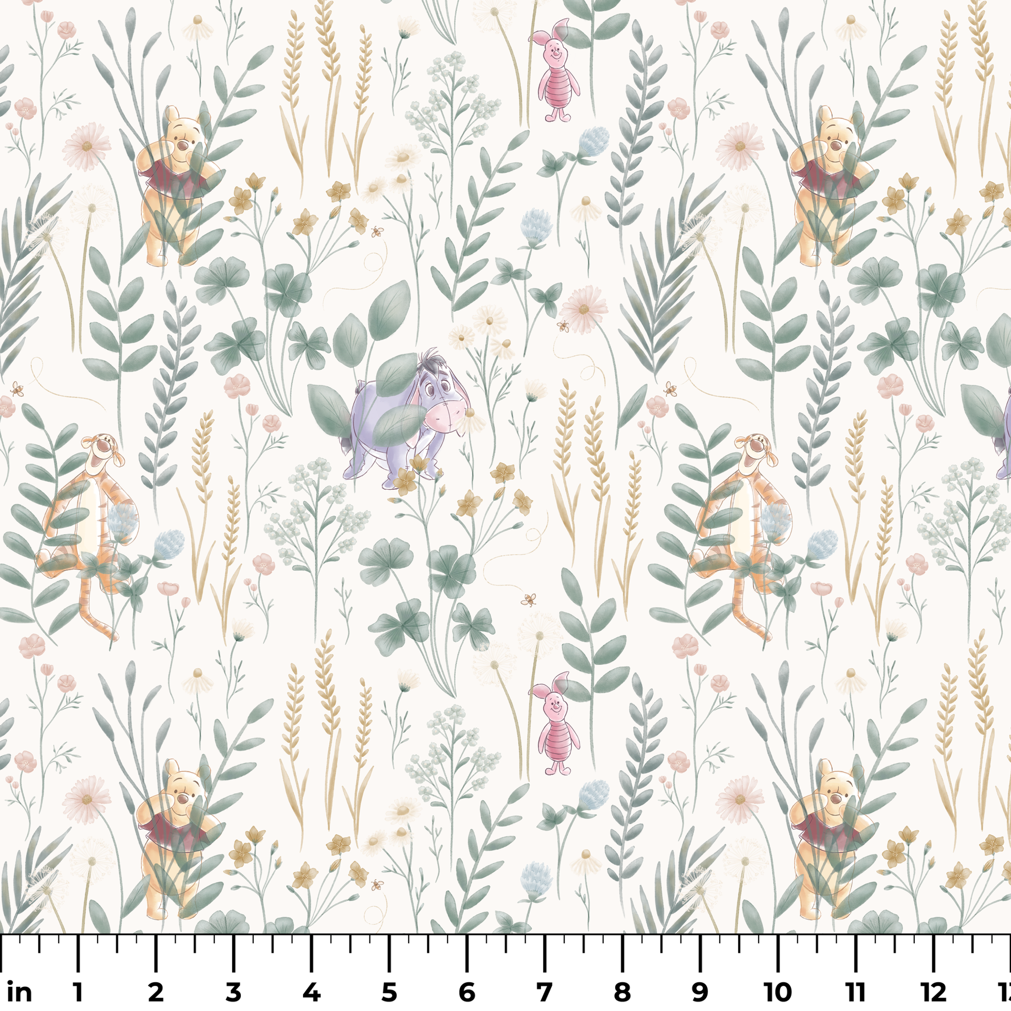 Whimsical botanical pattern with colorful teddy bears and creatures among green plants and flowers ruler